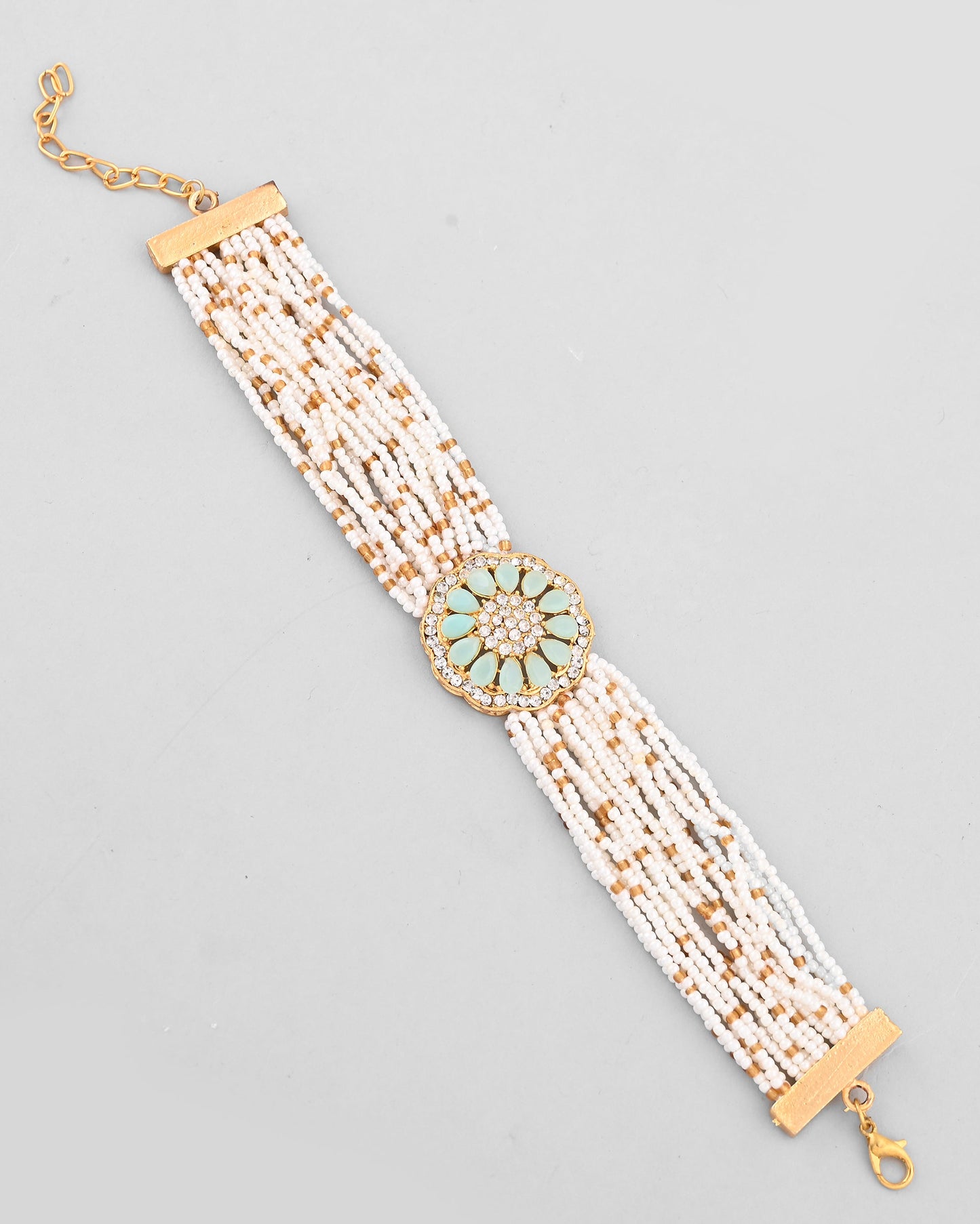 VOJ Gold-Polished Green Flower Studded And Beaded Mutli Layer Bracelet - Swadesiicart