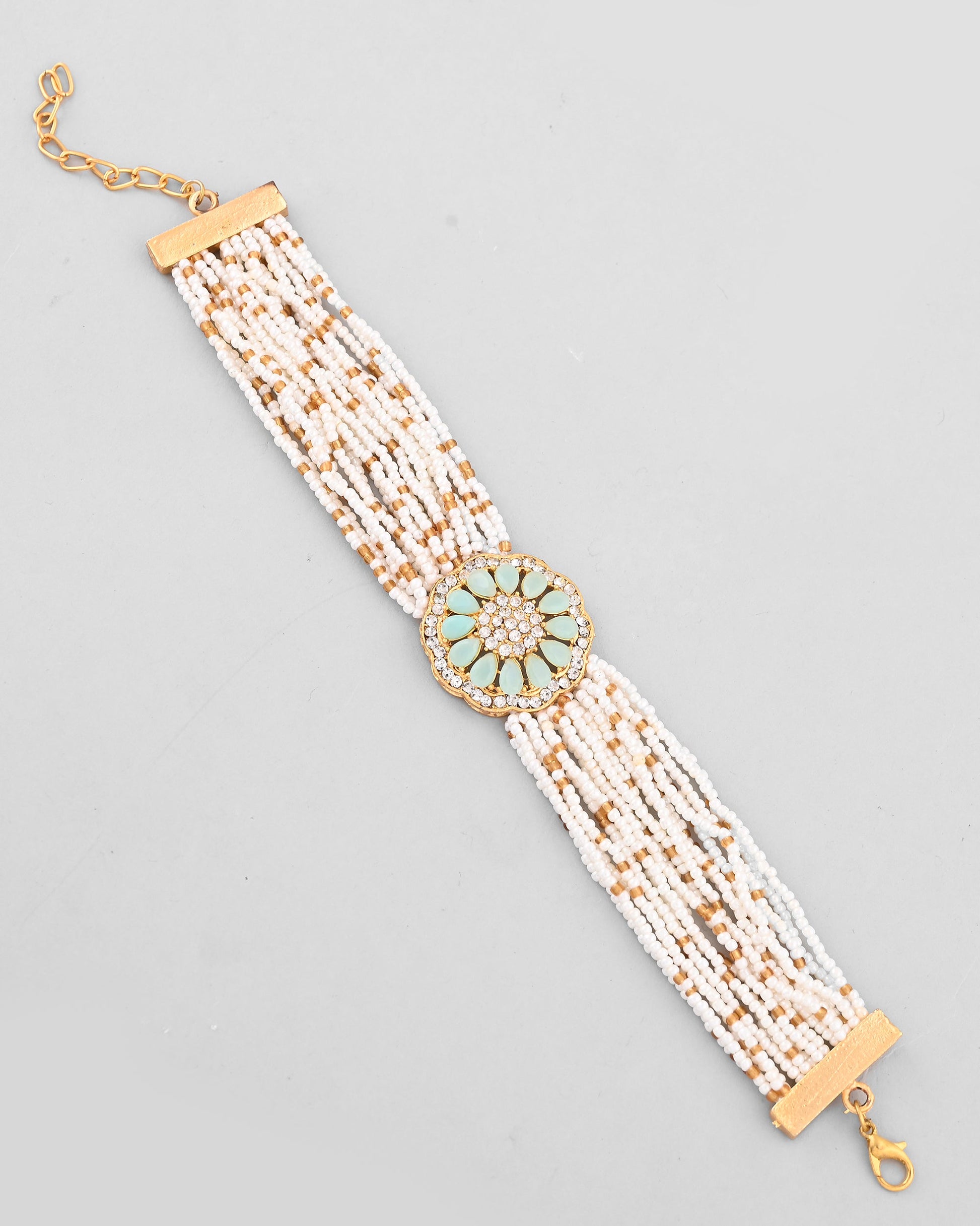 VOJ Gold-Polished Green Flower Studded And Beaded Mutli Layer Bracelet - Swadesiicart