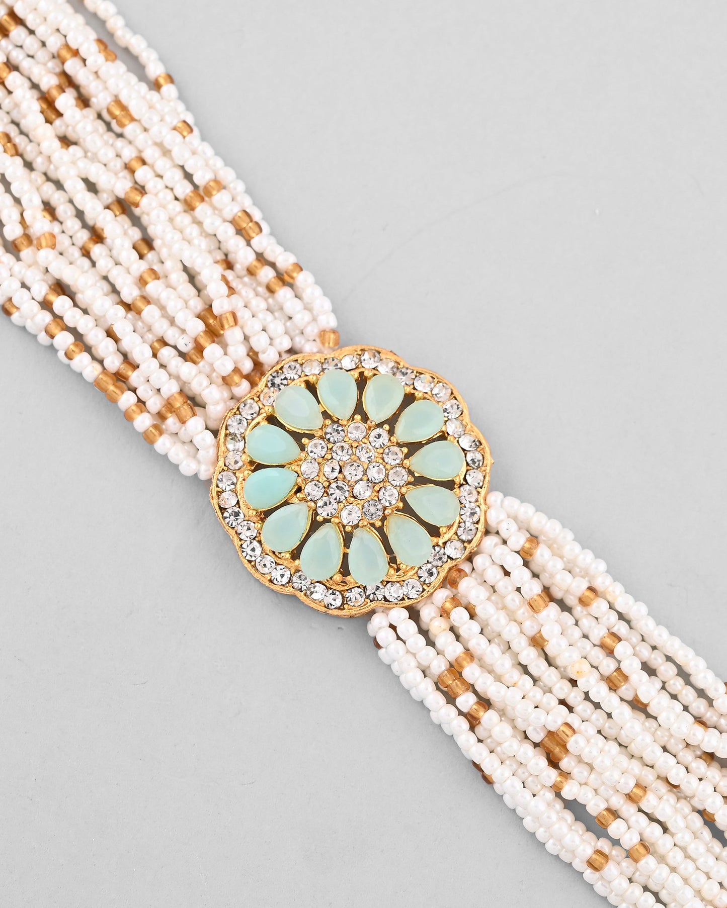 VOJ Gold-Polished Green Flower Studded And Beaded Mutli Layer Bracelet - Swadesiicart
