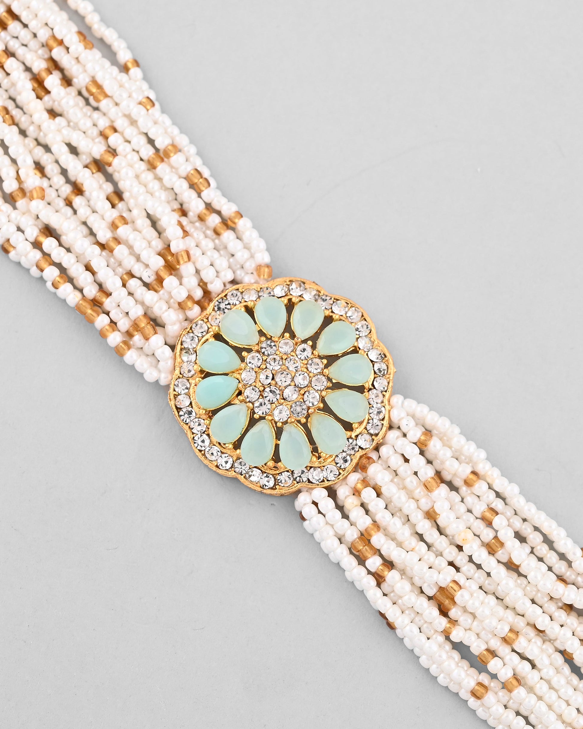VOJ Gold-Polished Green Flower Studded And Beaded Mutli Layer Bracelet - Swadesiicart
