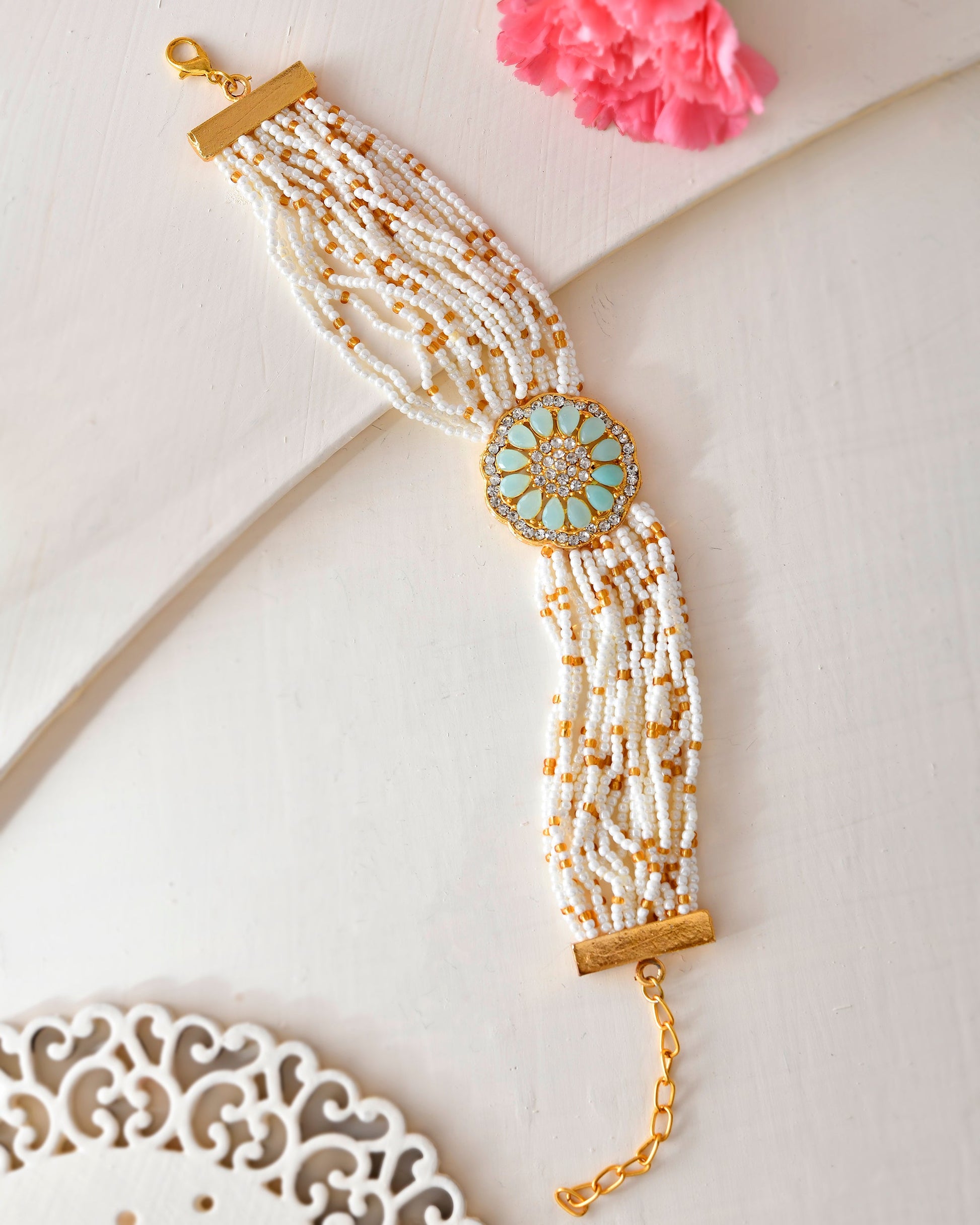 VOJ Gold-Polished Green Flower Studded And Beaded Mutli Layer Bracelet - Swadesiicart