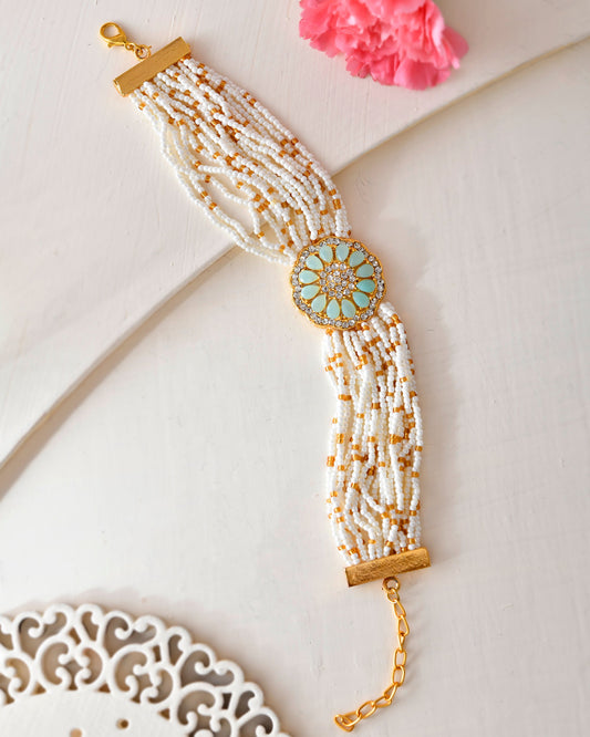VOJ Gold-Polished Green Flower Studded And Beaded Mutli Layer Bracelet - Swadesiicart