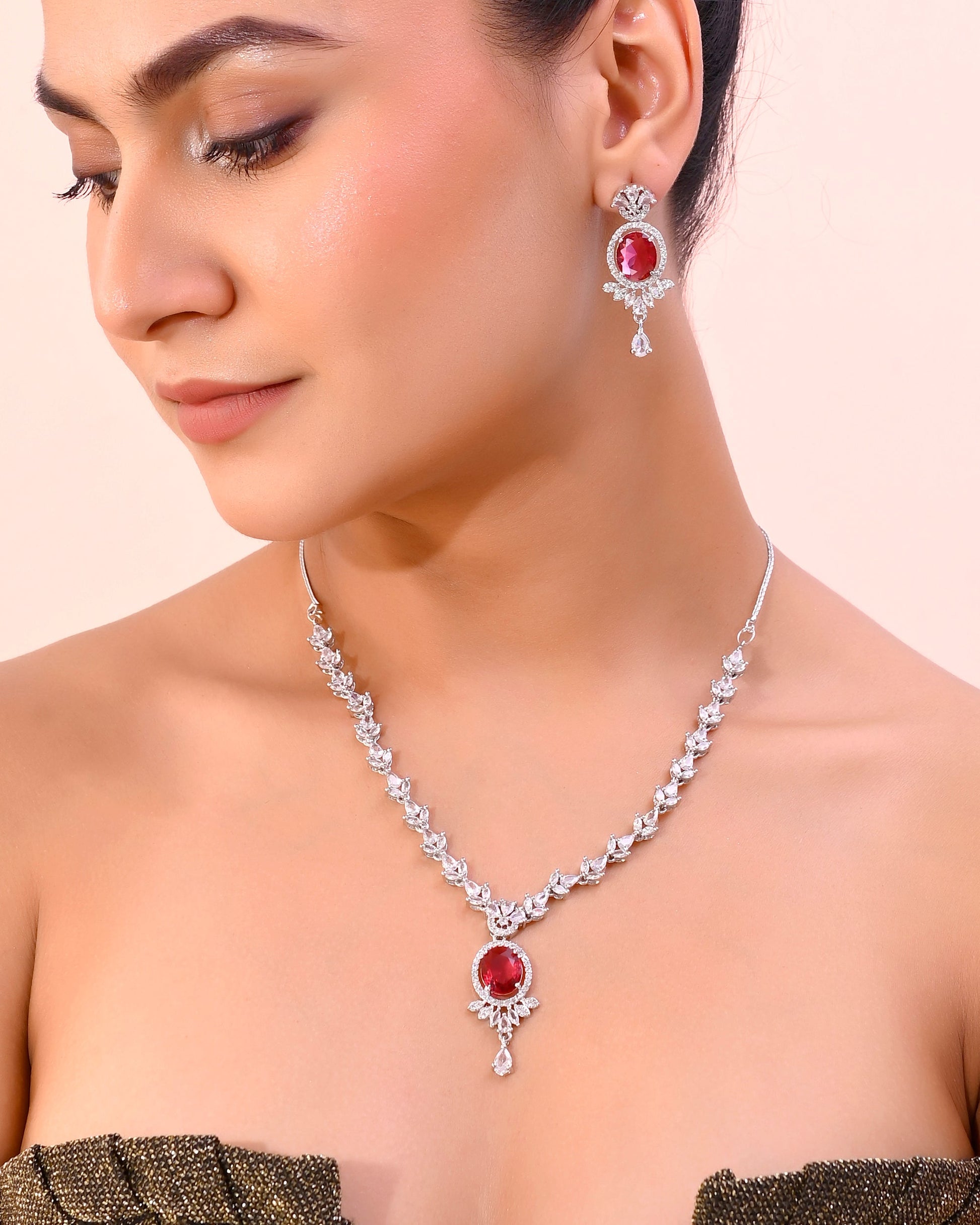 VOJ Silver-Plated White And Maroon Colour AD-Studded Jewellery Set - Swadesiicart
