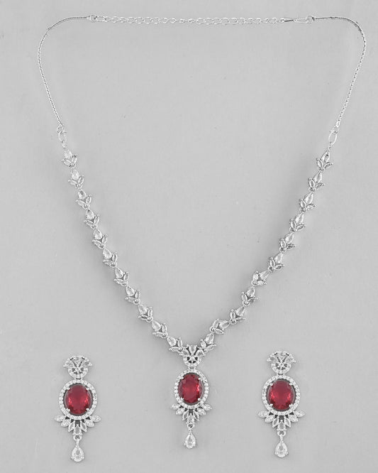 VOJ Silver-Plated White And Maroon Colour AD-Studded Jewellery Set - Swadesiicart