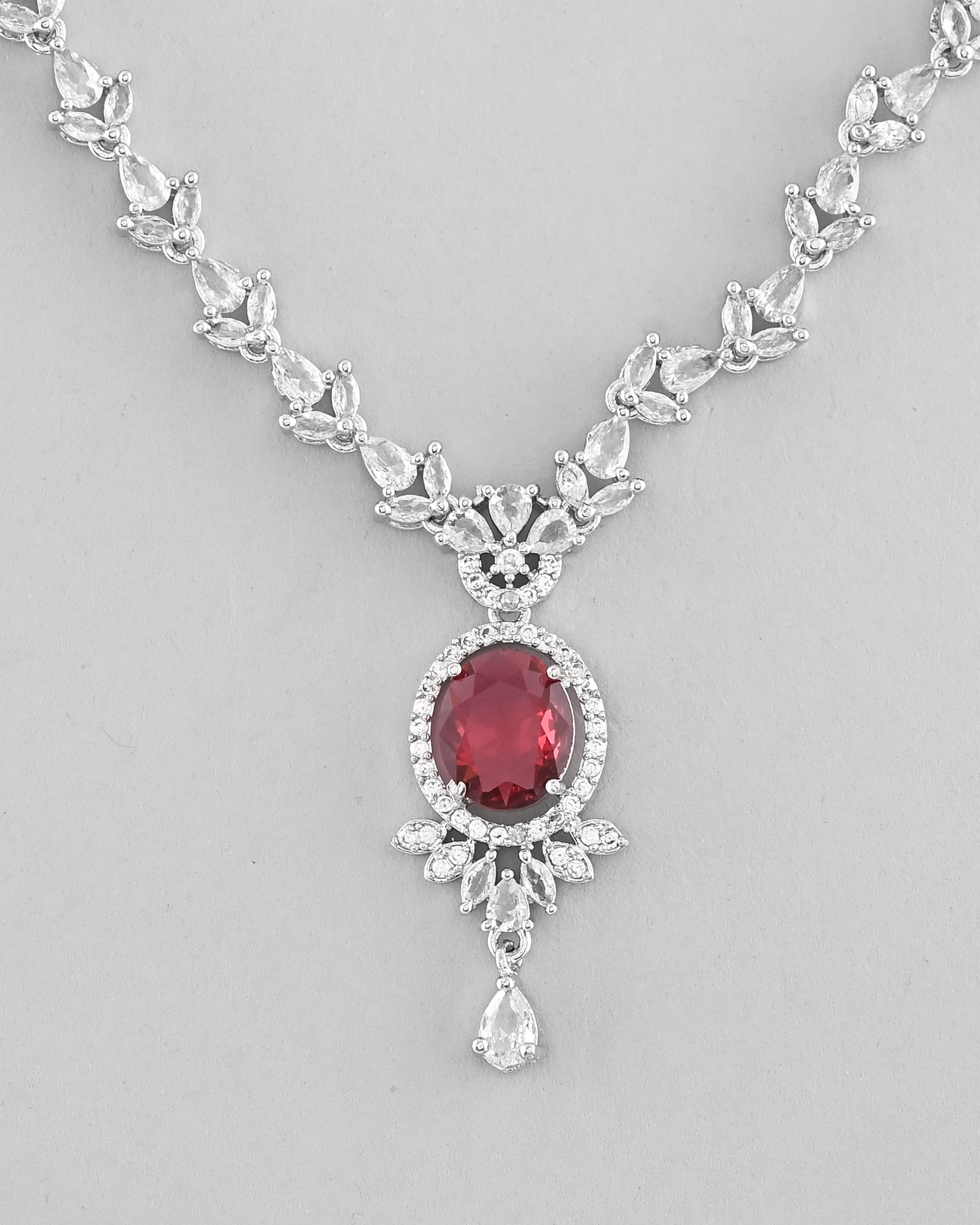 VOJ Silver-Plated White And Maroon Colour AD-Studded Jewellery Set - Swadesiicart