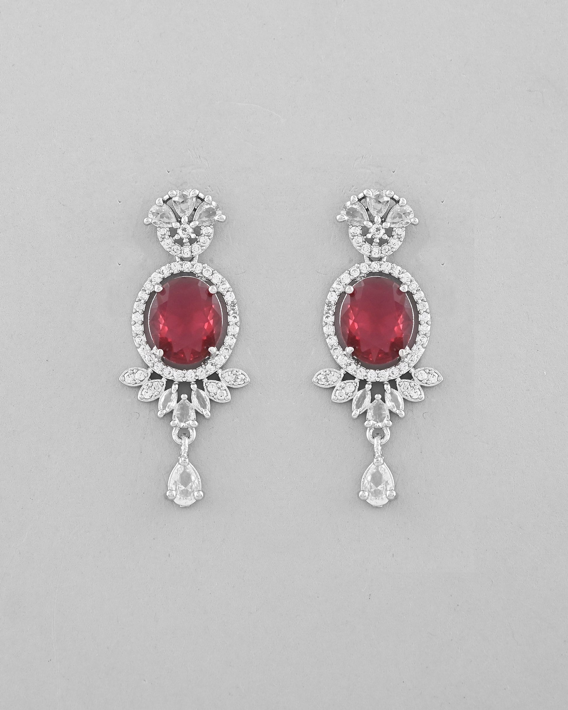 VOJ Silver-Plated White And Maroon Colour AD-Studded Jewellery Set - Swadesiicart