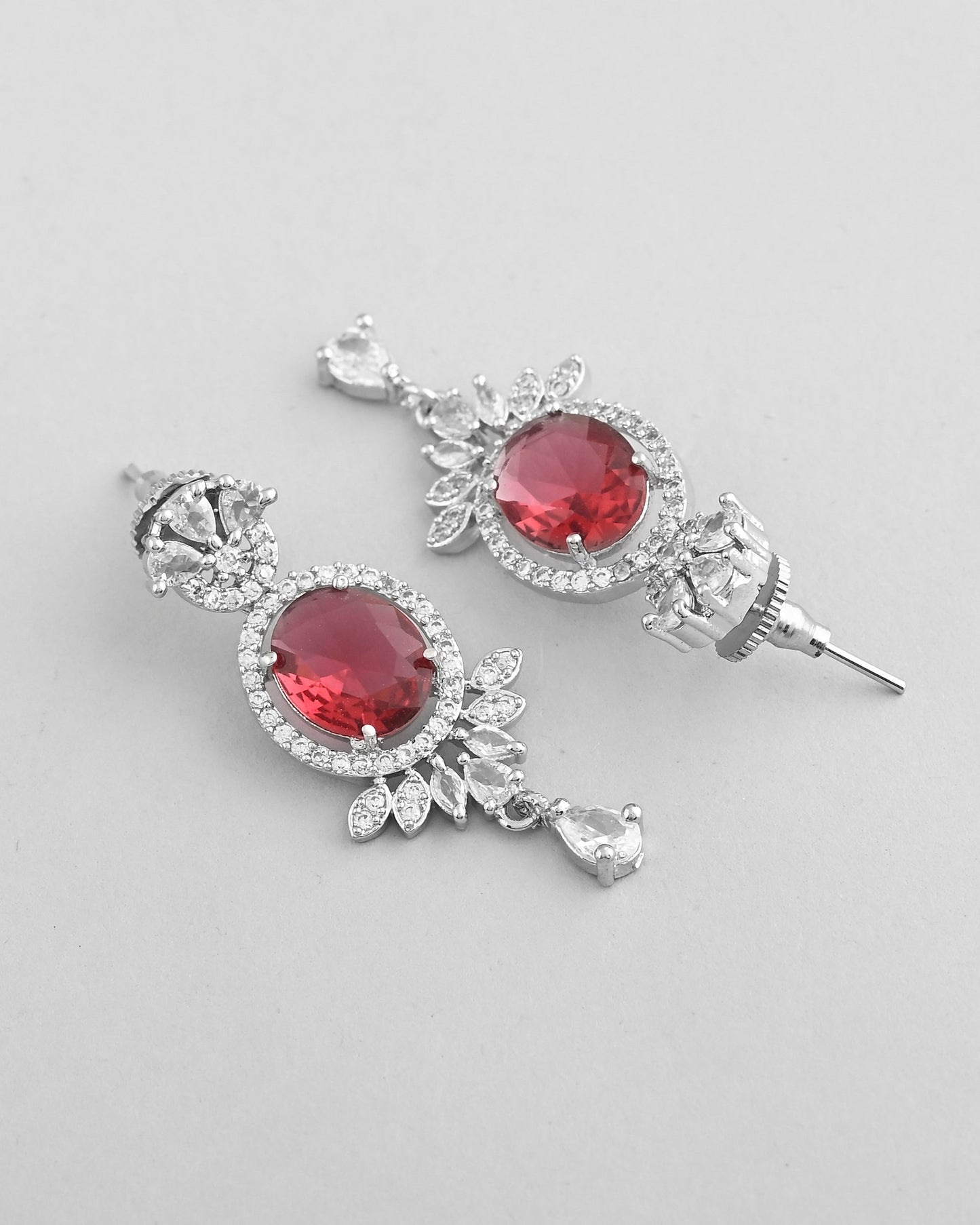 VOJ Silver-Plated White And Maroon Colour AD-Studded Jewellery Set - Swadesiicart
