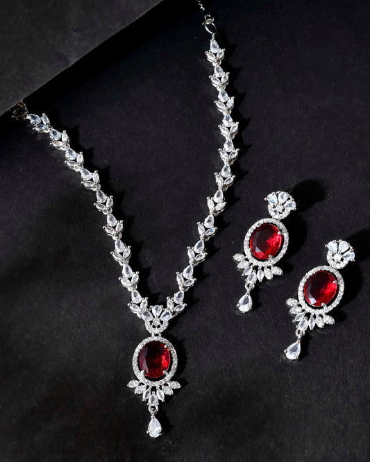 VOJ Silver-Plated White And Maroon Colour AD-Studded Jewellery Set - Swadesiicart