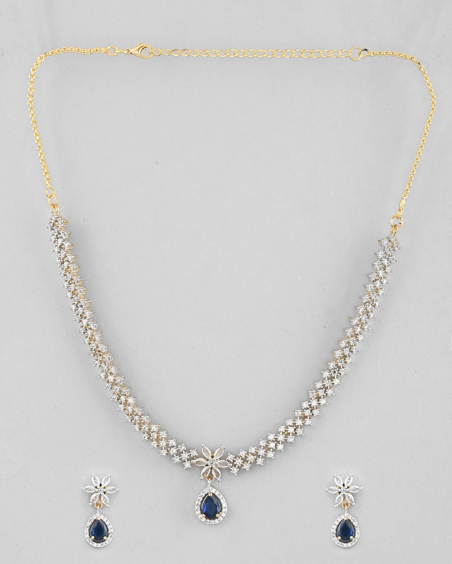 VOJ Gold-Polished White And Blue Colour AD-Studded Jewellery Set - Swadesiicart