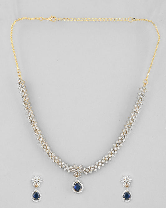 VOJ Gold-Polished White And Blue Colour AD-Studded Jewellery Set - Swadesiicart