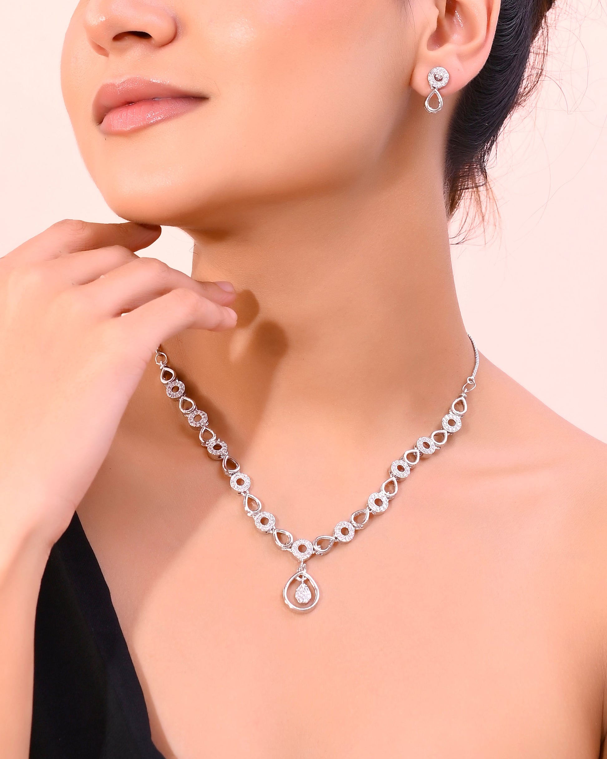 VOJ Silver-Plated AD-Studded Designer Jewellery Set - Swadesiicart