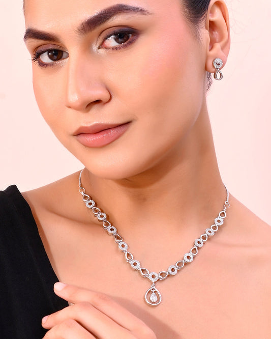 VOJ Silver-Plated AD-Studded Designer Jewellery Set - Swadesiicart