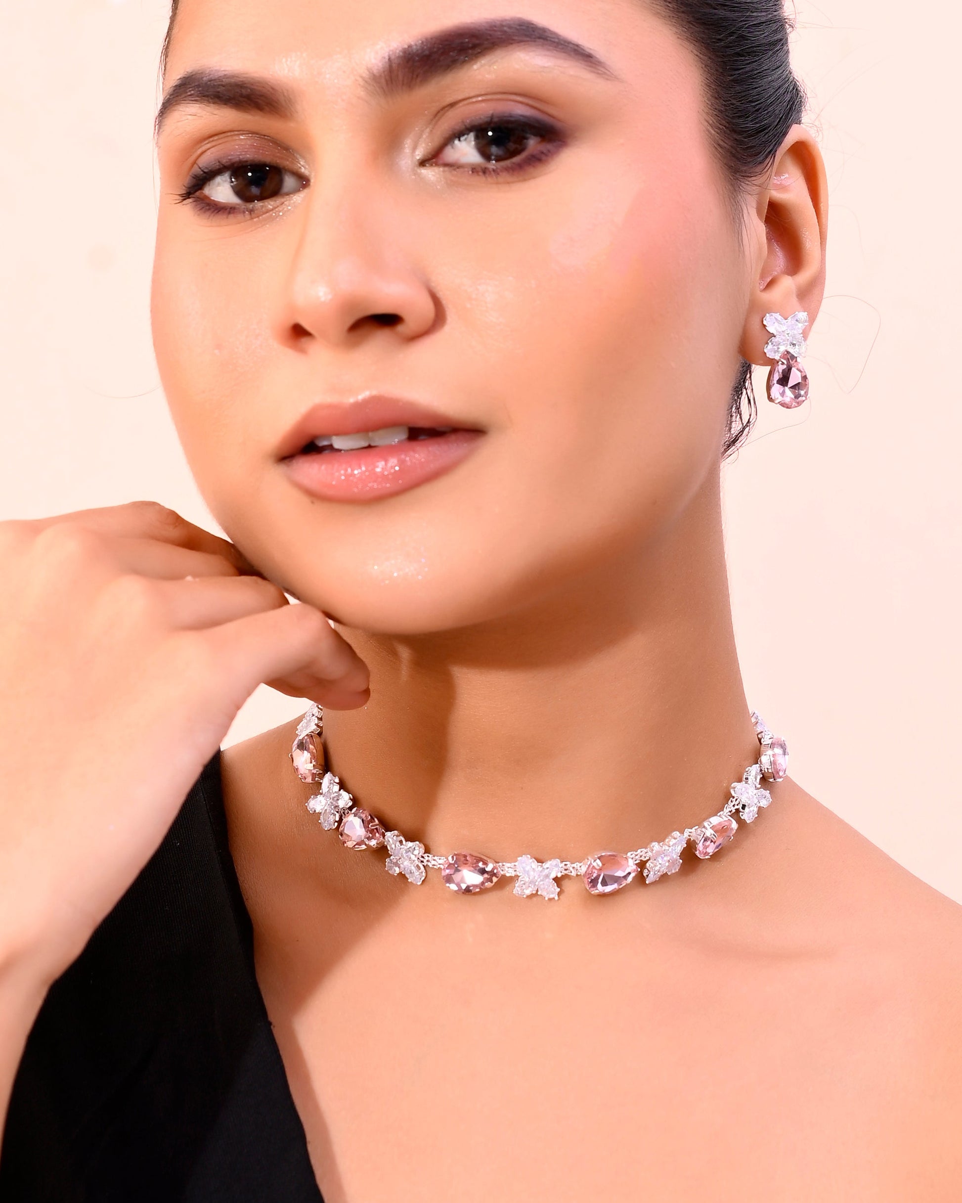 VOJ Silver Plated Pink And White Stone Studded Necklace with Earrings Set - Swadesiicart
