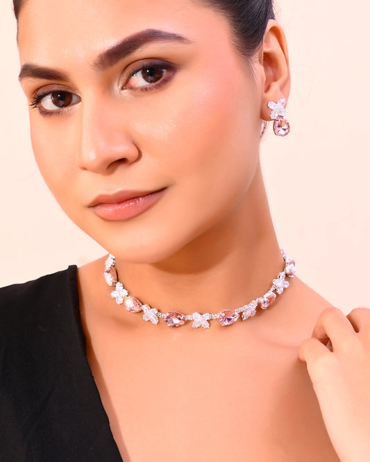 VOJ Silver Plated Pink And White Stone Studded Necklace with Earrings Set - Swadesiicart