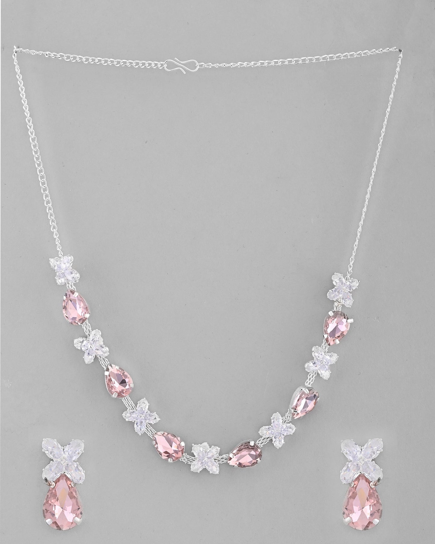 VOJ Silver Plated Pink And White Stone Studded Necklace with Earrings Set - Swadesiicart