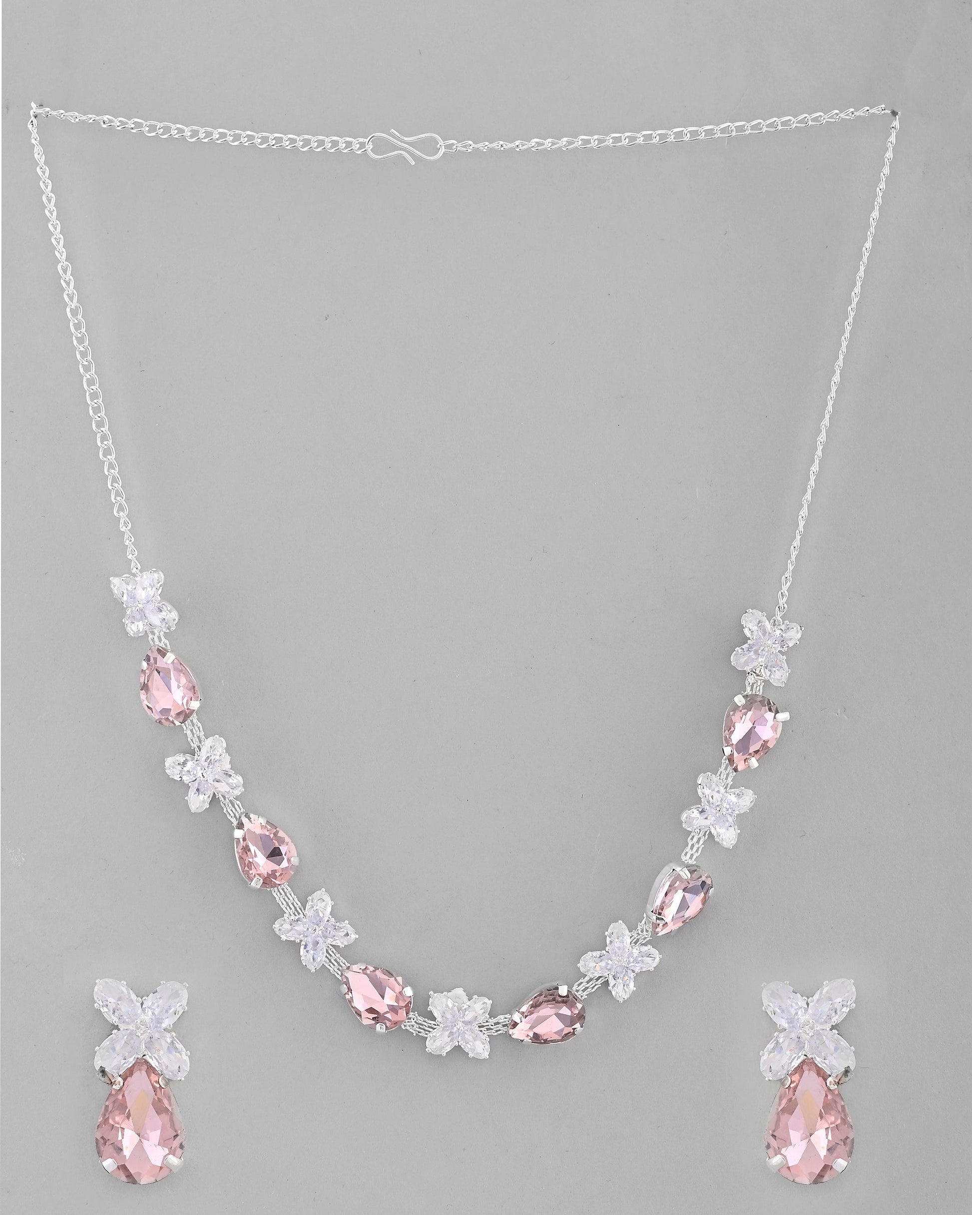 VOJ Silver Plated Pink And White Stone Studded Necklace with Earrings Set - Swadesiicart