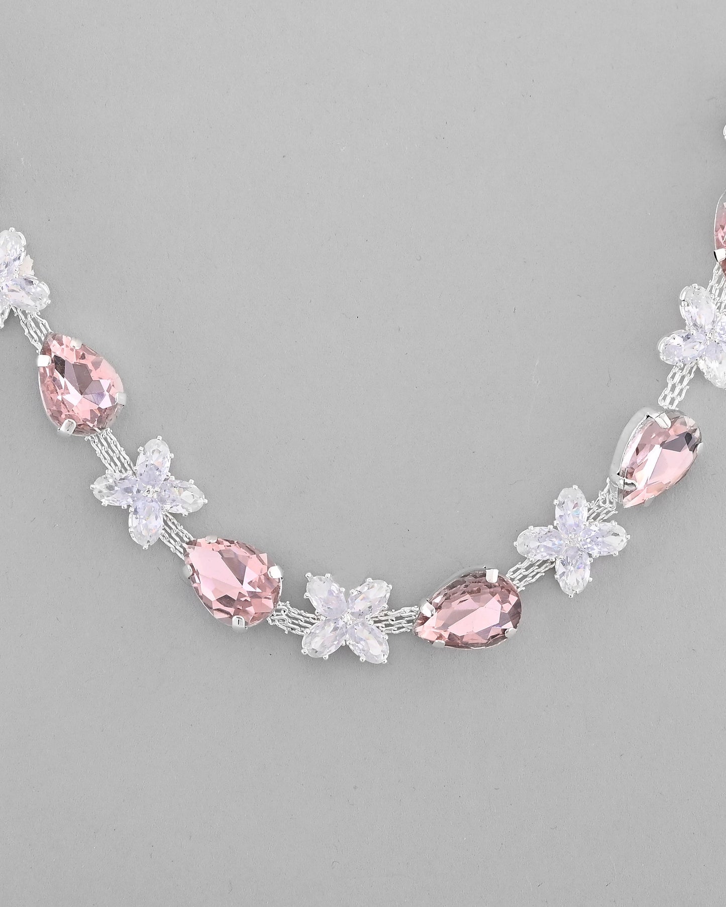 VOJ Silver Plated Pink And White Stone Studded Necklace with Earrings Set - Swadesiicart
