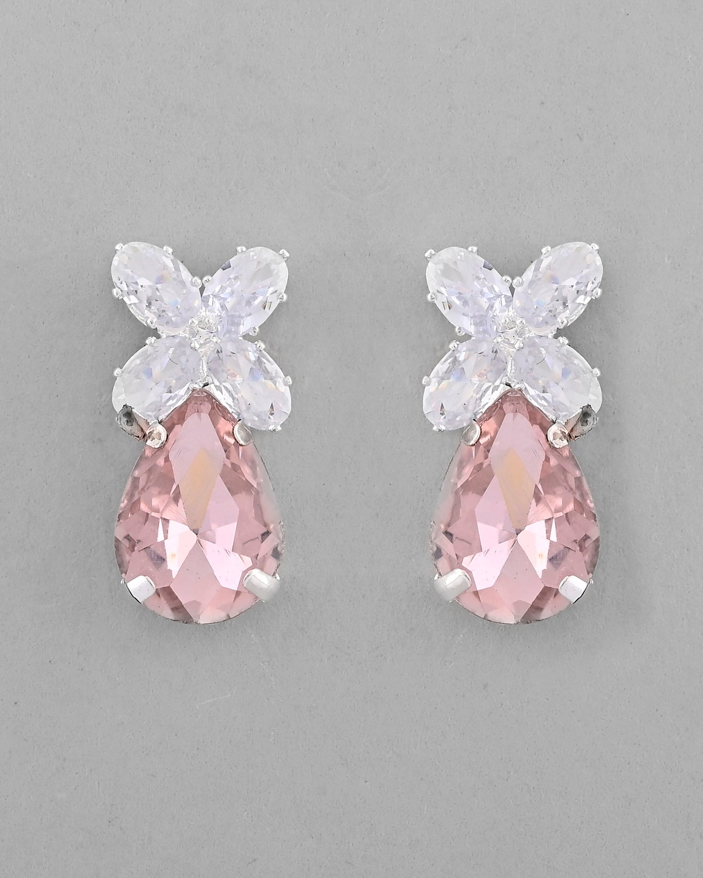 VOJ Silver Plated Pink And White Stone Studded Necklace with Earrings Set - Swadesiicart