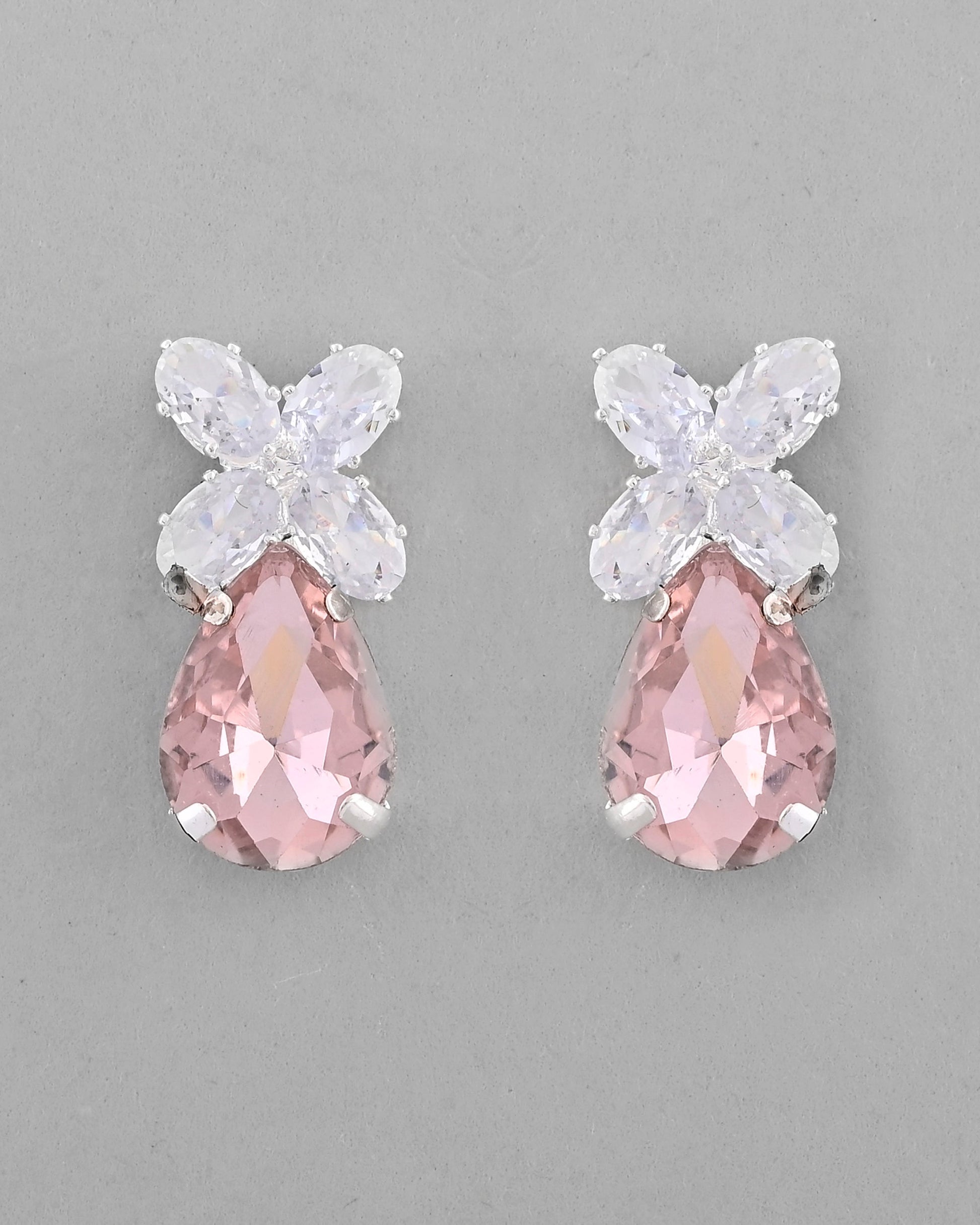VOJ Silver Plated Pink And White Stone Studded Necklace with Earrings Set - Swadesiicart