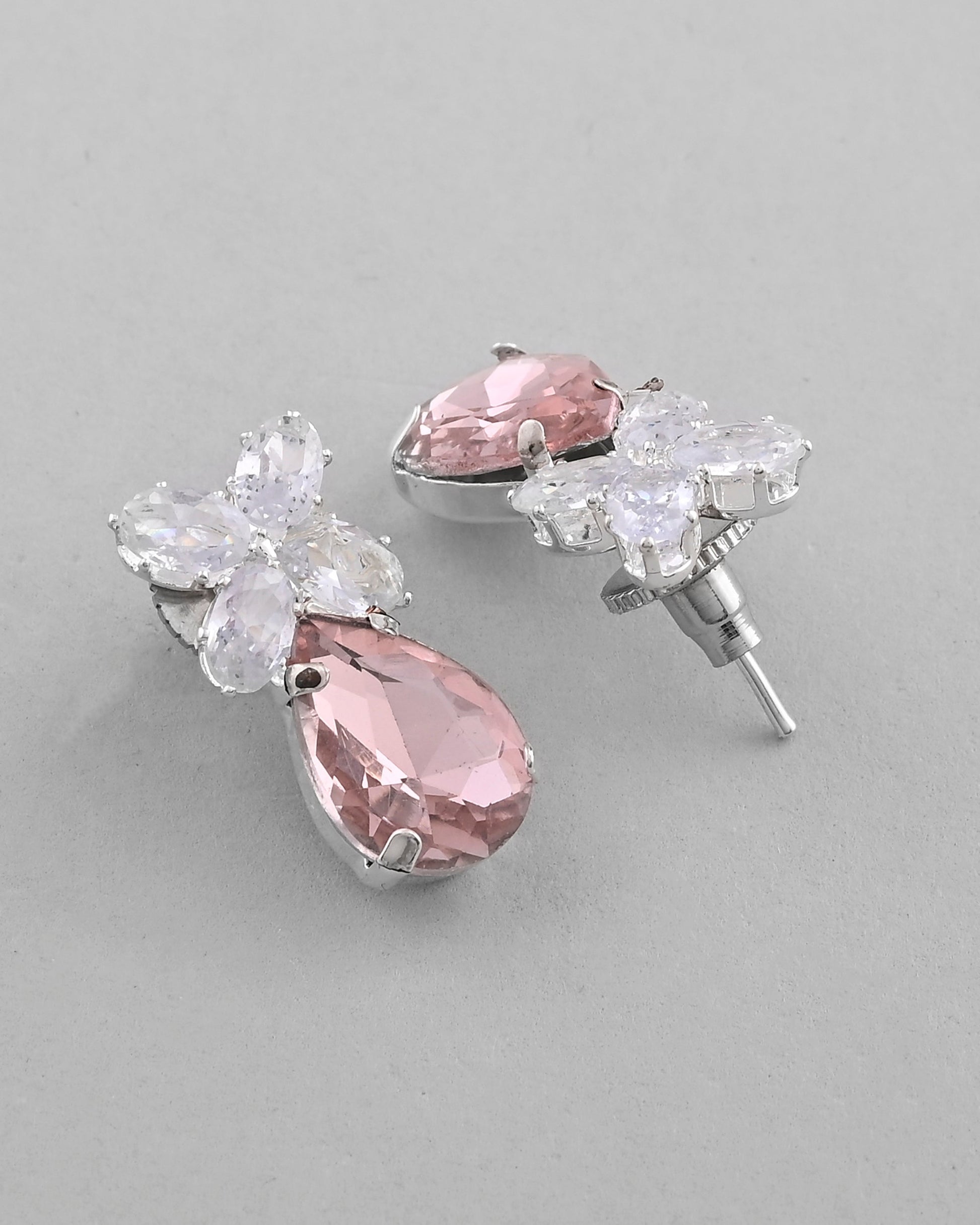 VOJ Silver Plated Pink And White Stone Studded Necklace with Earrings Set - Swadesiicart