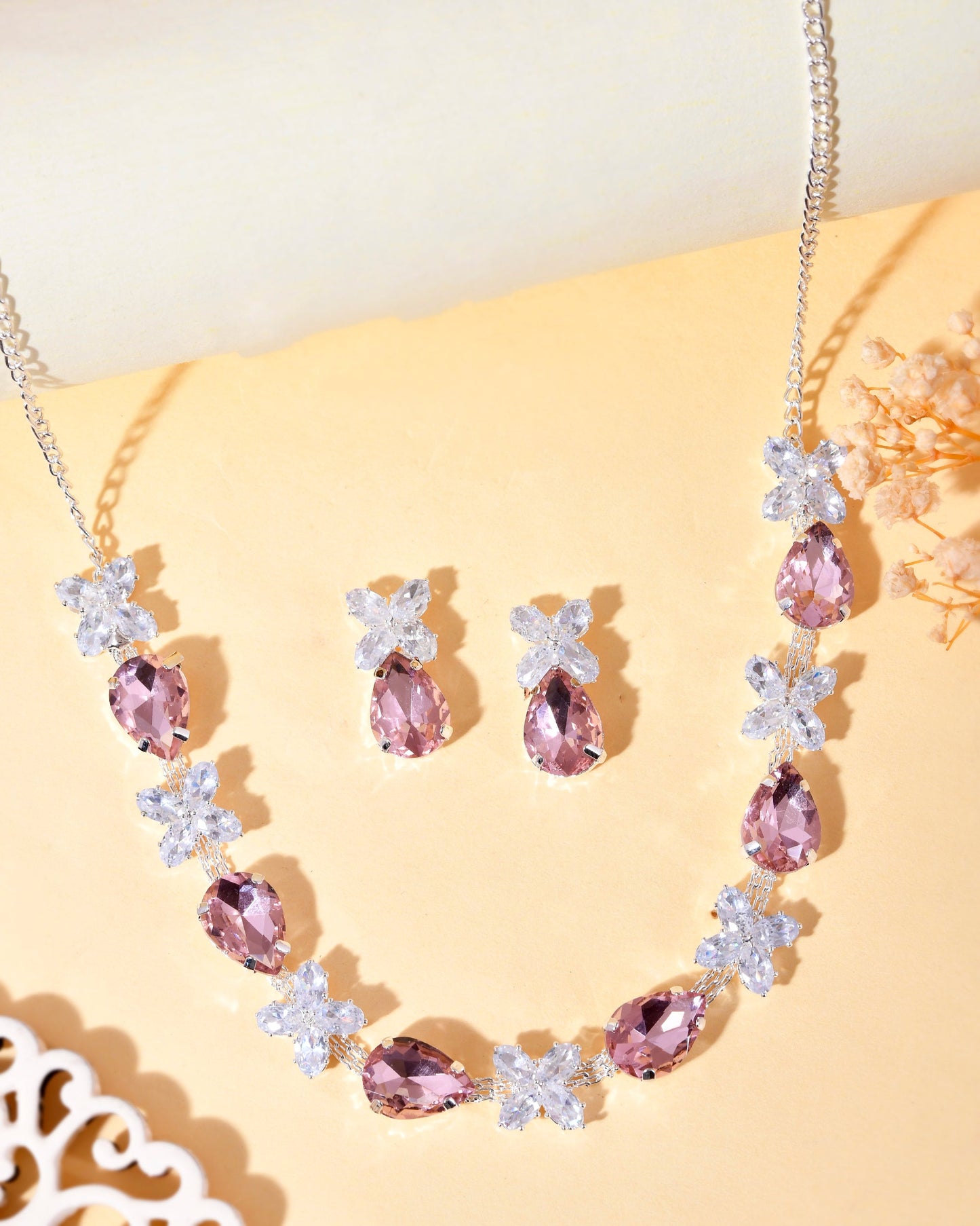 VOJ Silver Plated Pink And White Stone Studded Necklace with Earrings Set - Swadesiicart