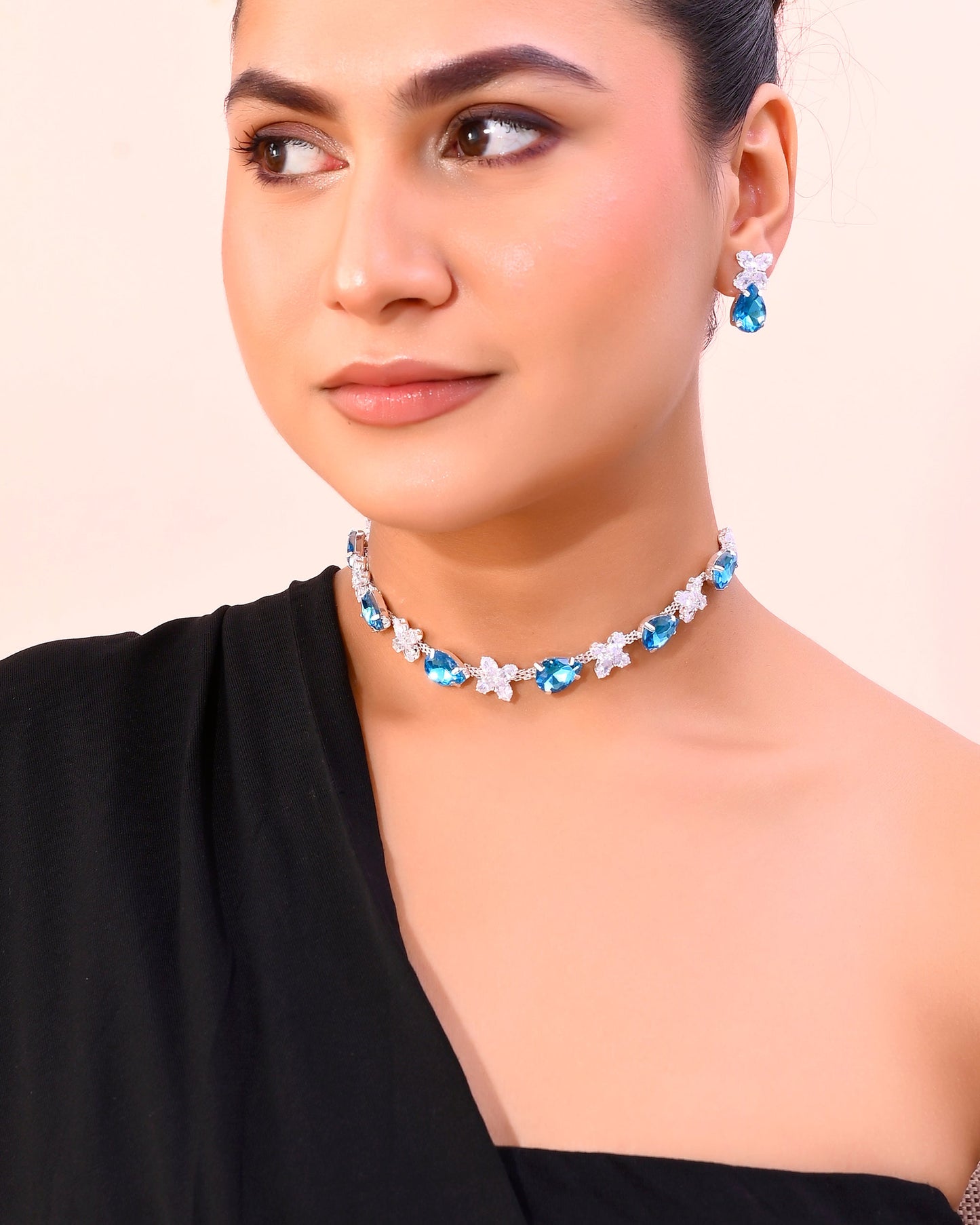 VOJ Silver Plated Blue And White Stone Studded Necklace with Earrings Set - Swadesiicart