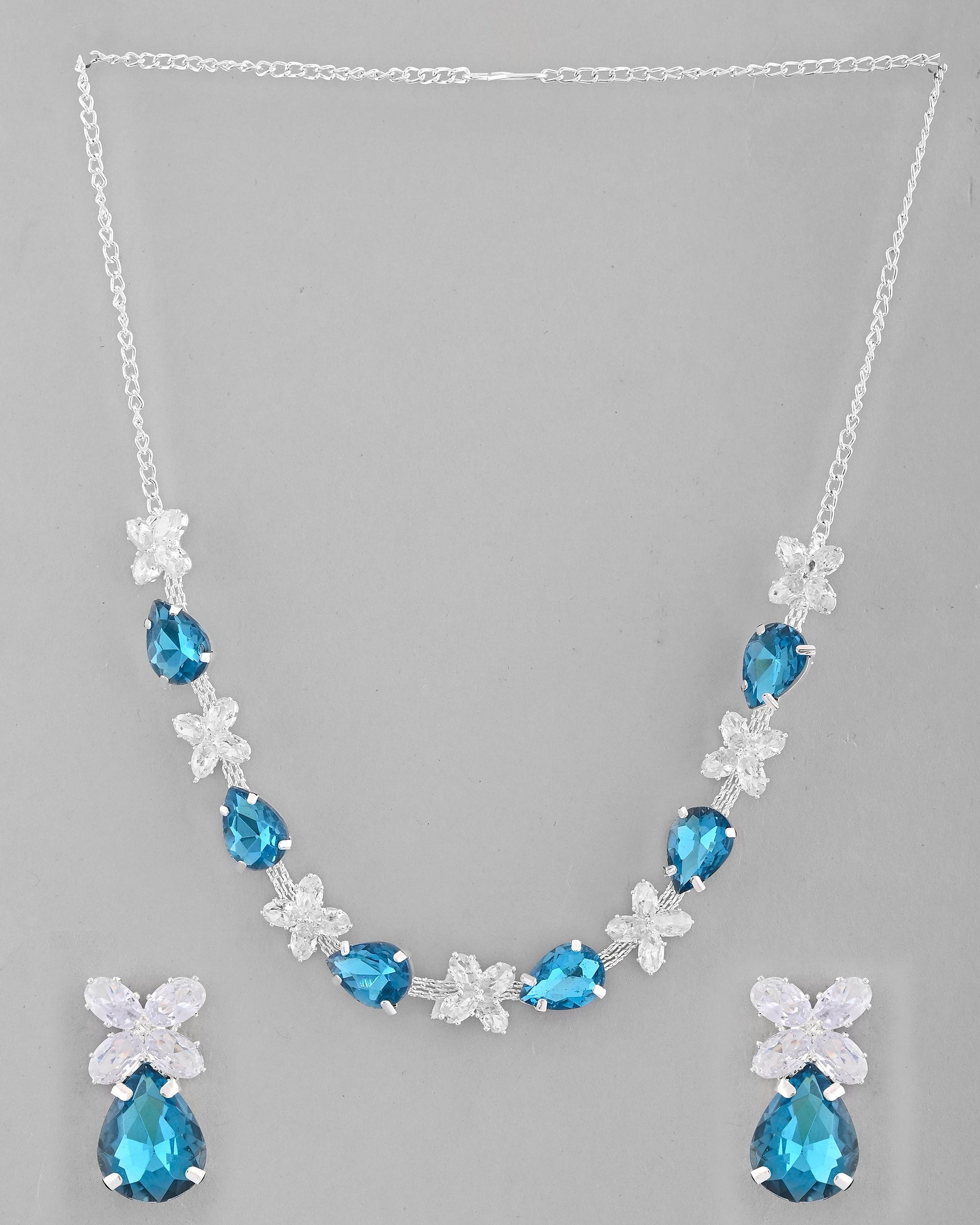 VOJ Silver Plated Blue And White Stone Studded Necklace with Earrings Set - Swadesiicart