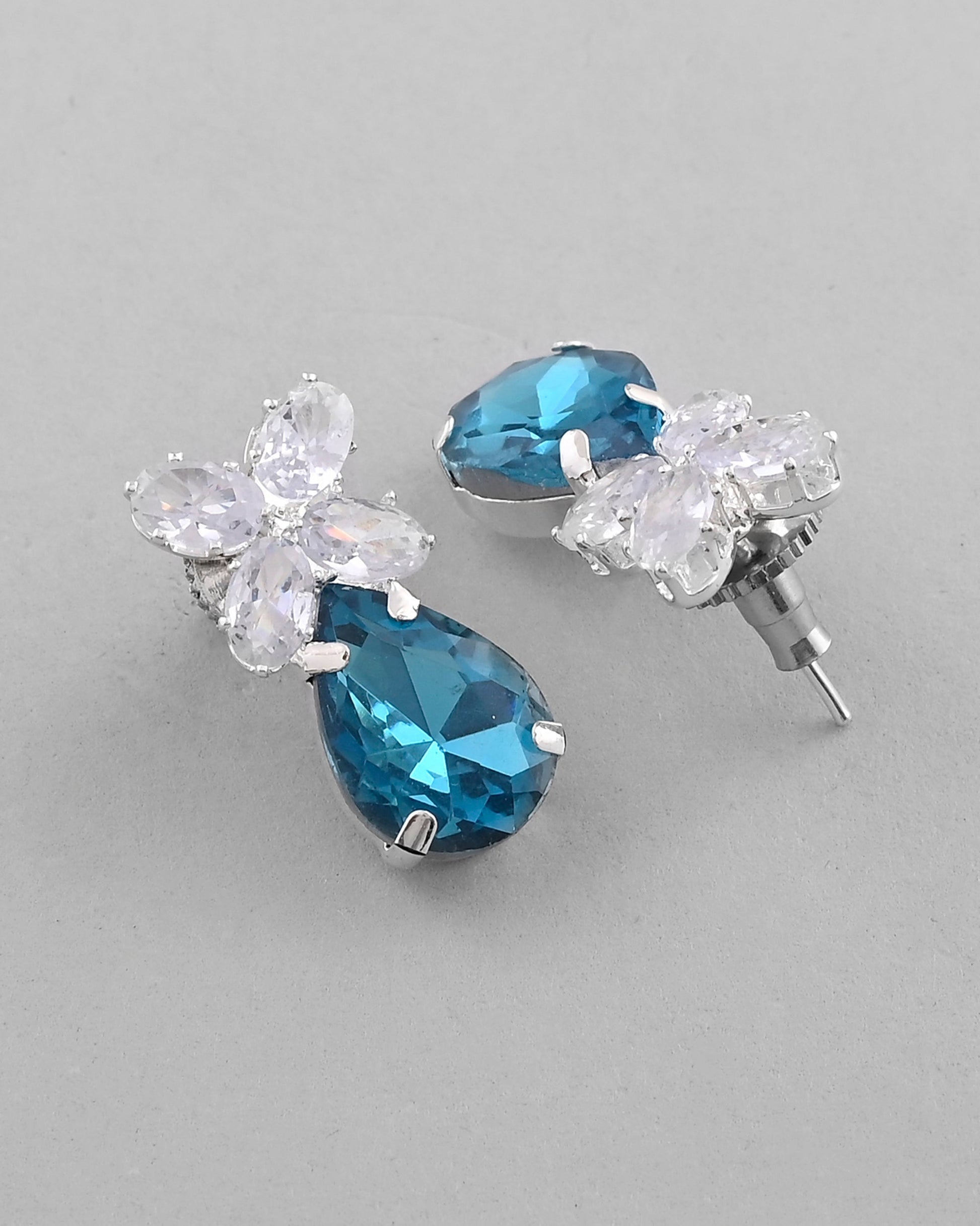 VOJ Silver Plated Blue And White Stone Studded Necklace with Earrings Set - Swadesiicart