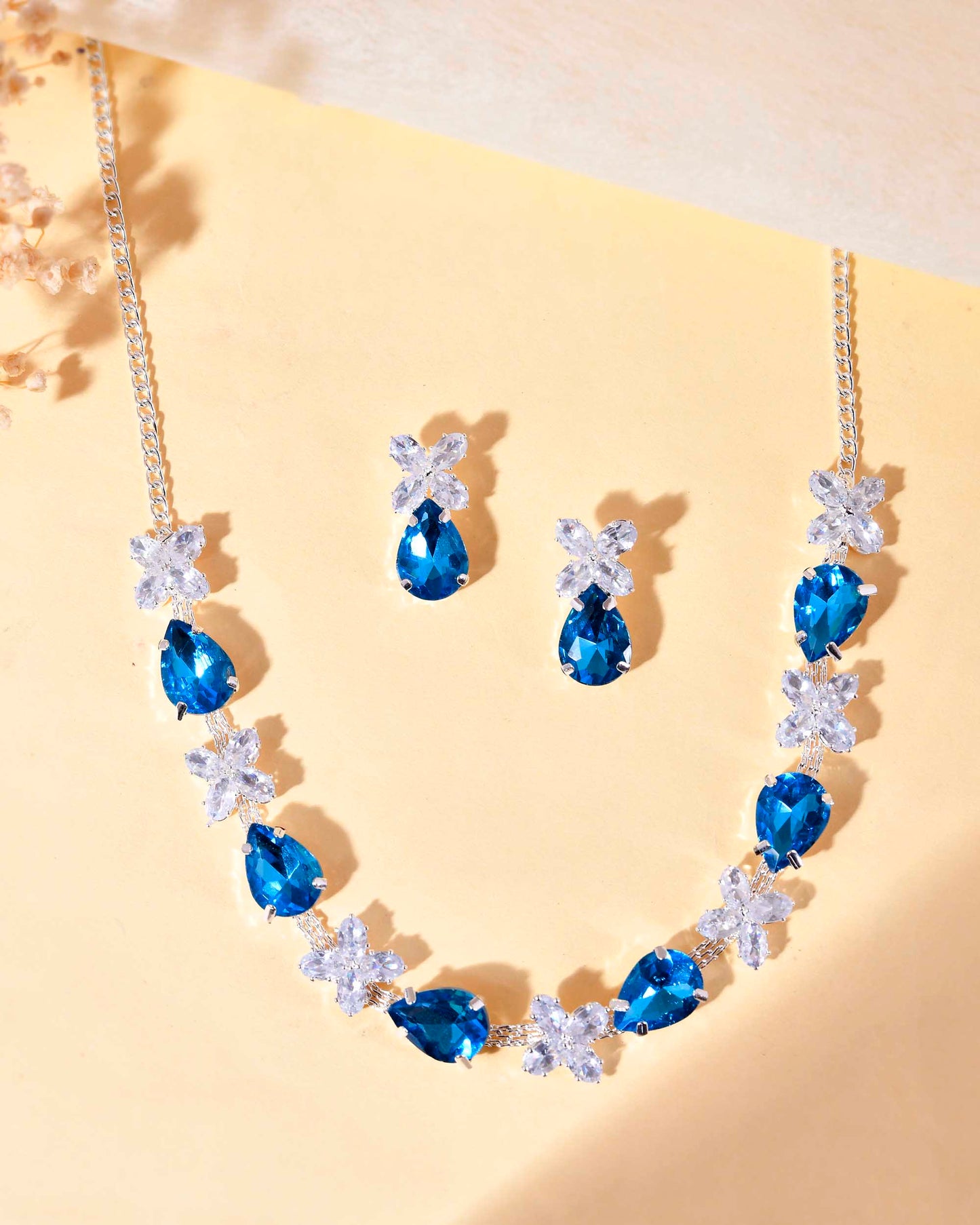 VOJ Silver Plated Blue And White Stone Studded Necklace with Earrings Set - Swadesiicart
