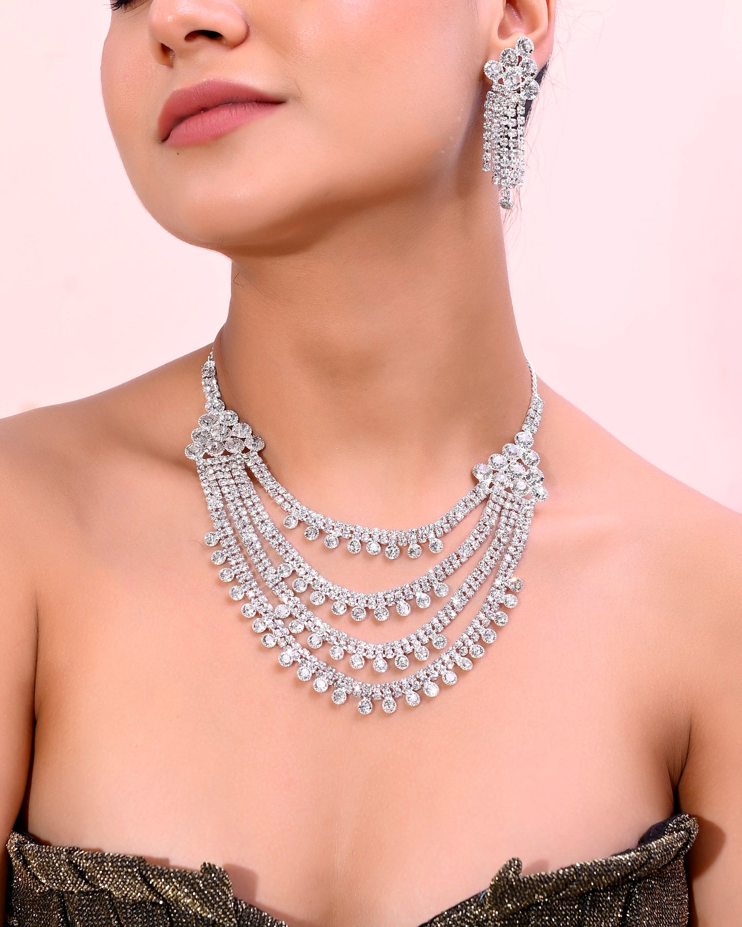 VOJ Silver Plated Stone Studded Multi Layer Jewellery Set - Swadesiicart