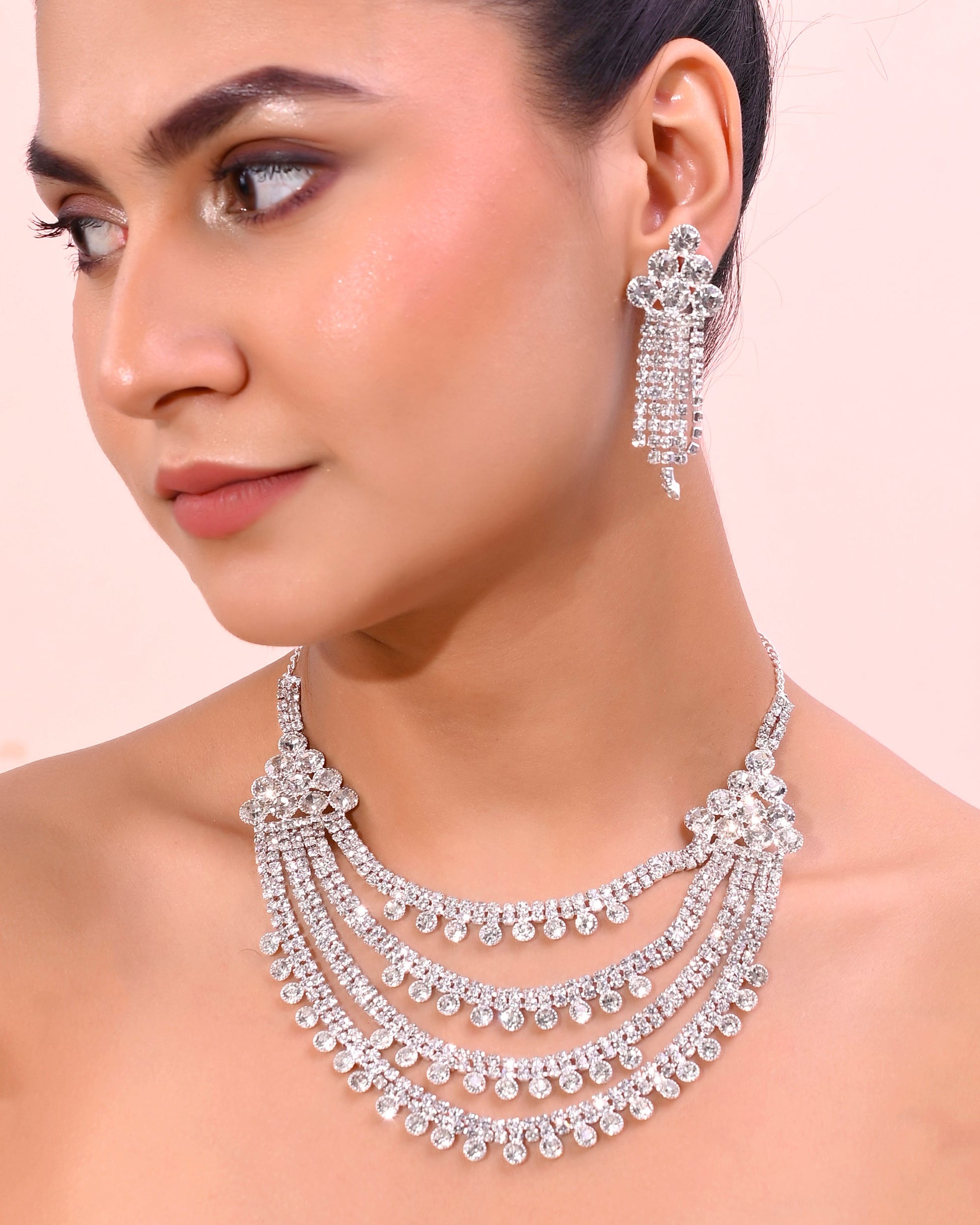 VOJ Silver Plated Stone Studded Multi Layer Jewellery Set - Swadesiicart
