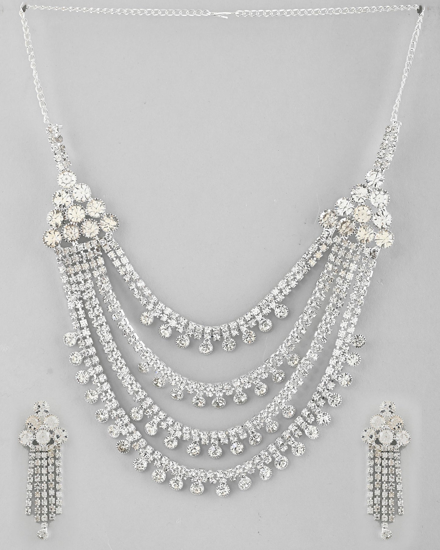 VOJ Silver Plated Stone Studded Multi Layer Jewellery Set - Swadesiicart