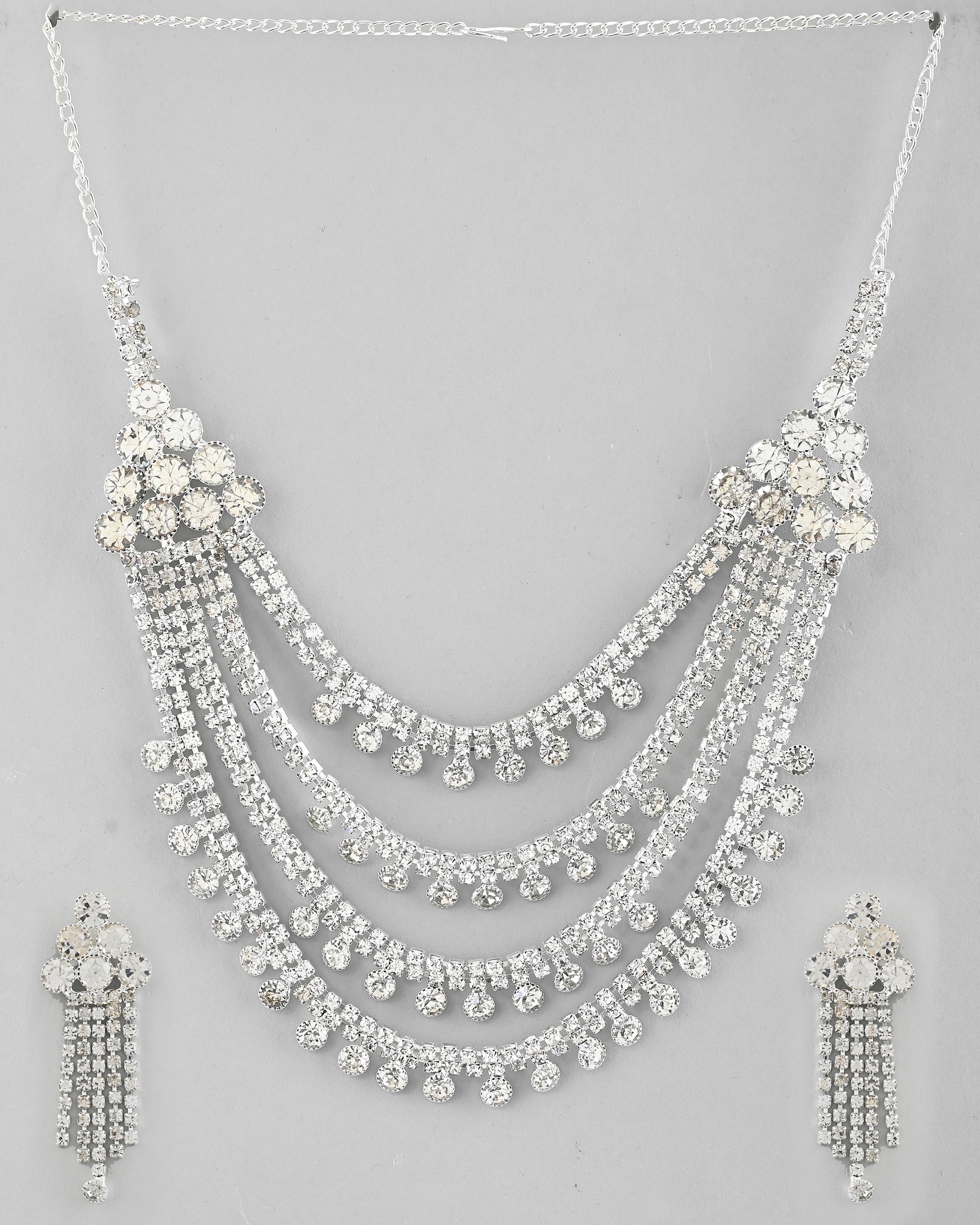 VOJ Silver Plated Stone Studded Multi Layer Jewellery Set - Swadesiicart