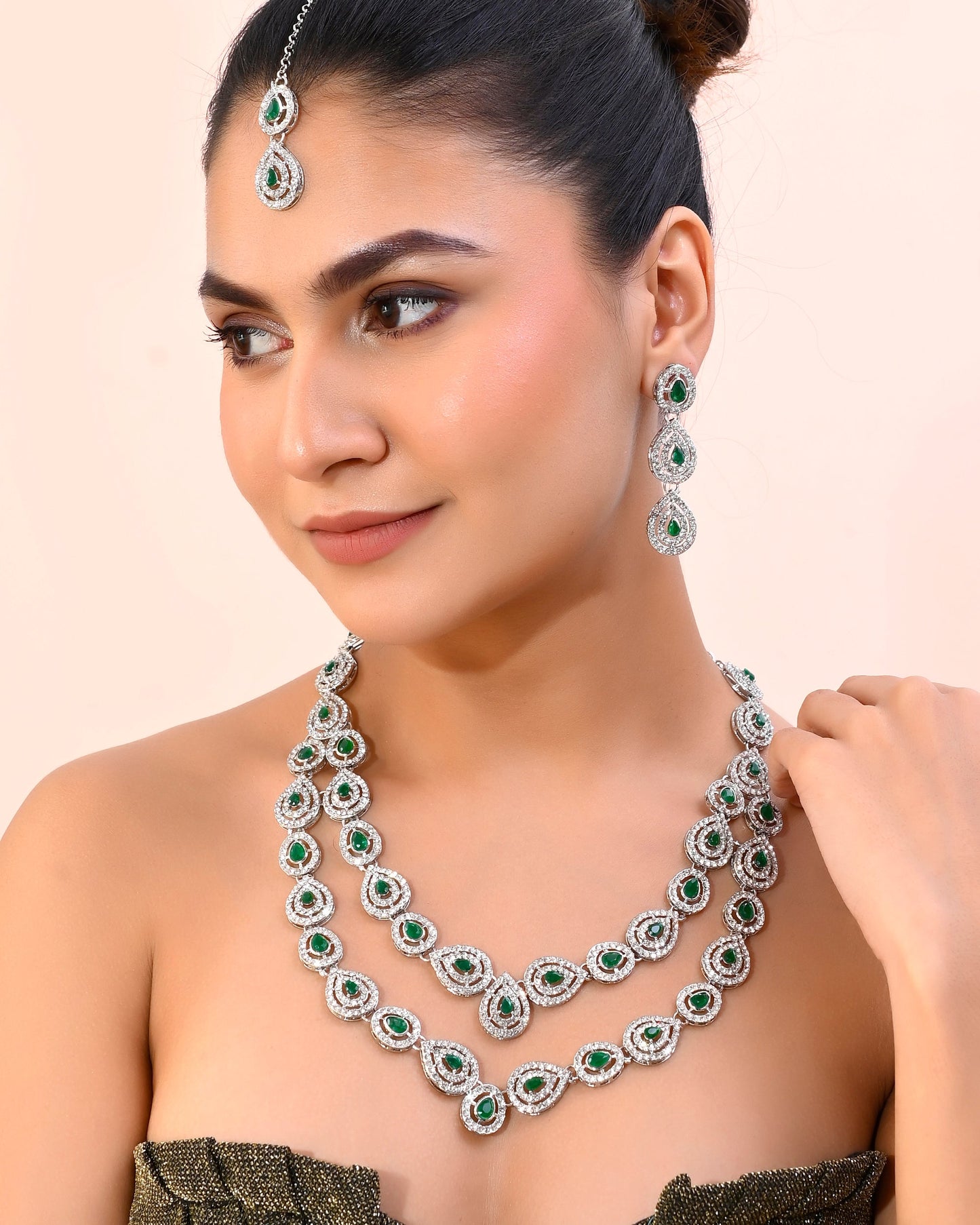 VOJ AD Studded with White and Green Stone Layered Jewellery Set - Swadesiicart