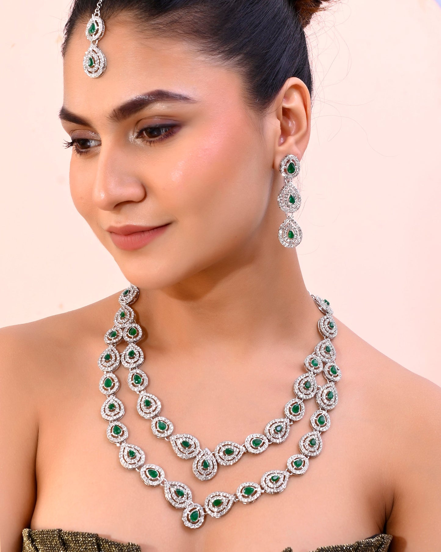 VOJ AD Studded with White and Green Stone Layered Jewellery Set - Swadesiicart