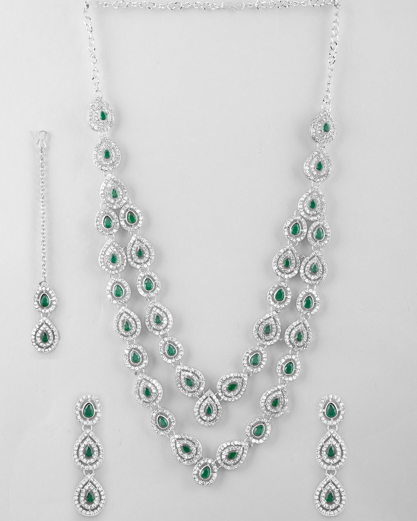 VOJ AD Studded with White and Green Stone Layered Jewellery Set - Swadesiicart