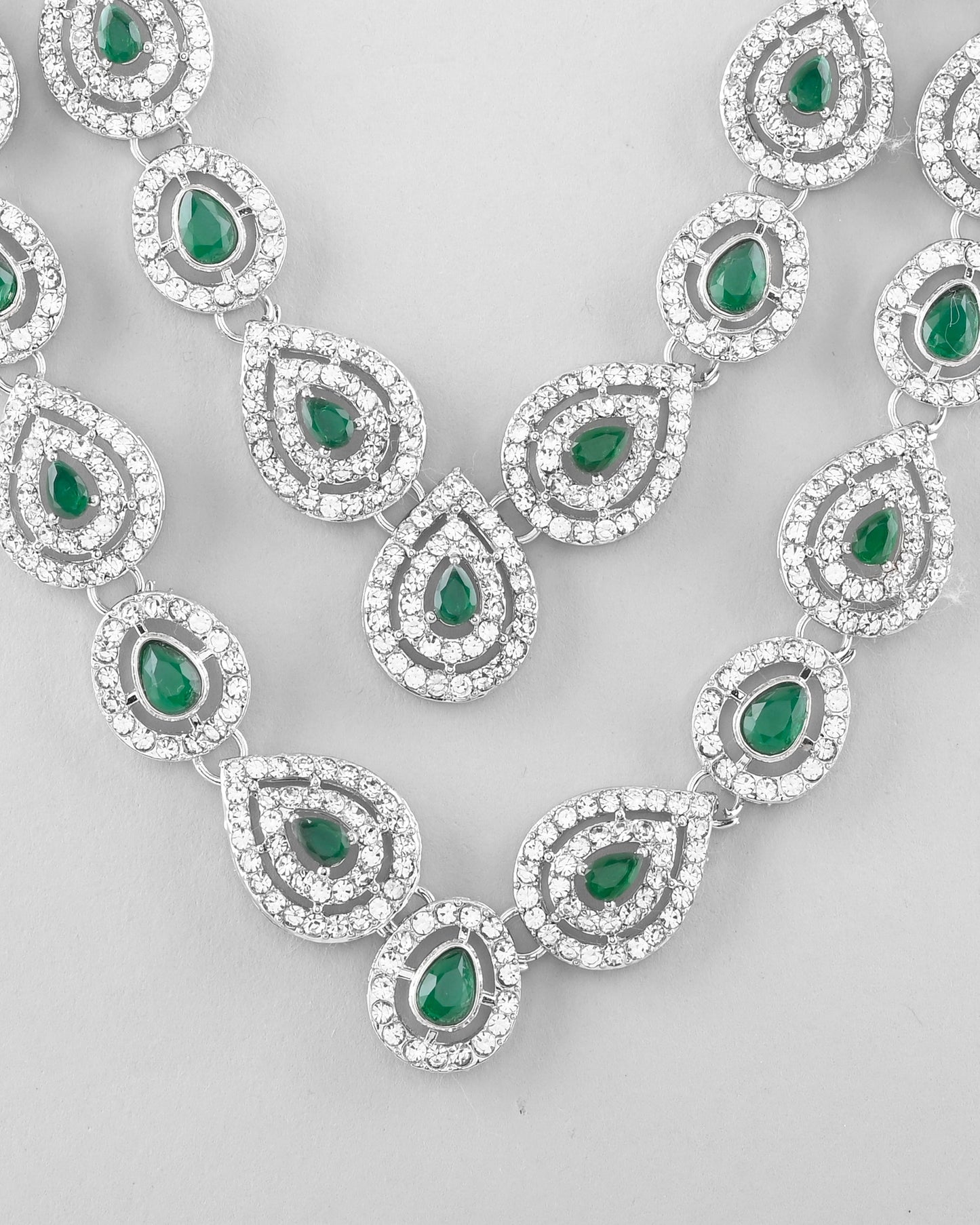 VOJ AD Studded with White and Green Stone Layered Jewellery Set - Swadesiicart