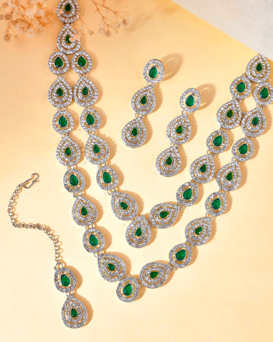 VOJ AD Studded with White and Green Stone Layered Jewellery Set - Swadesiicart