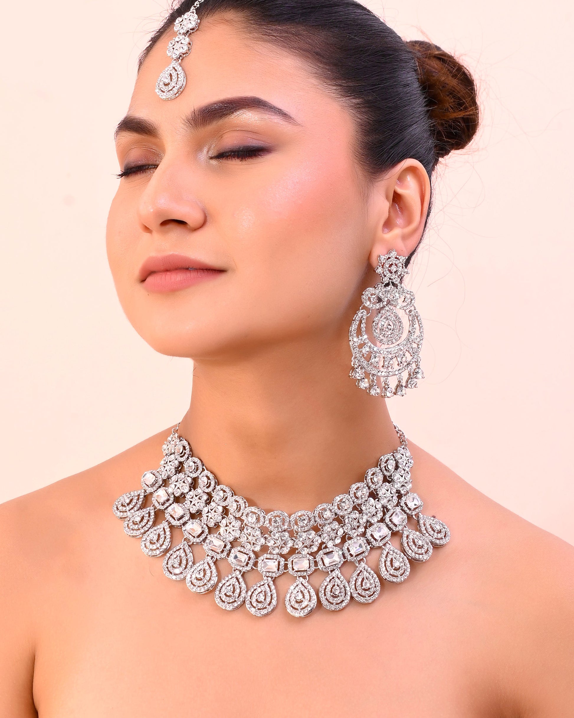 VOJ Silver Plated AD Studded Necklace With Earrings And Mangtikka Set - Swadesiicart