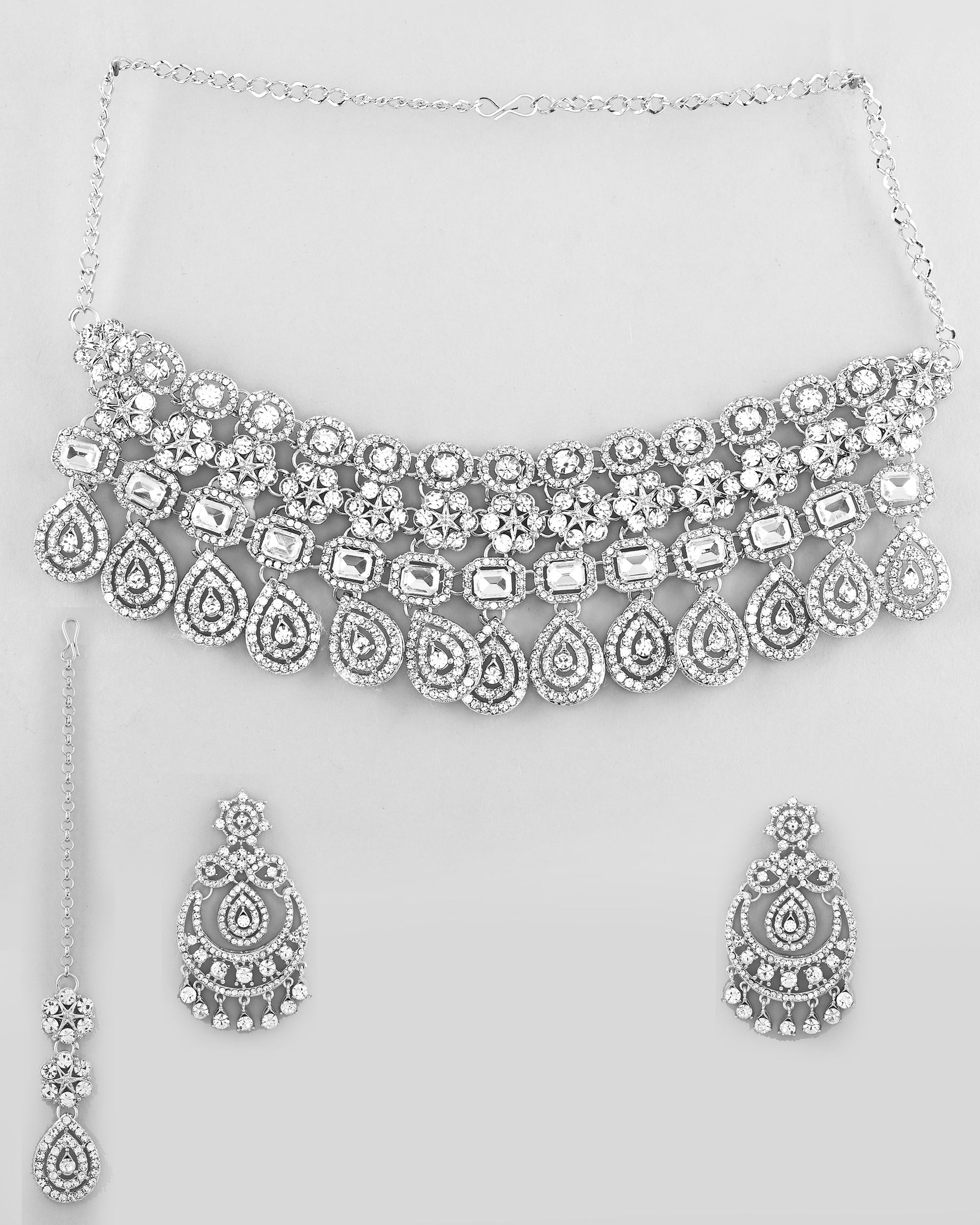 VOJ Silver Plated AD Studded Necklace With Earrings And Mangtikka Set - Swadesiicart