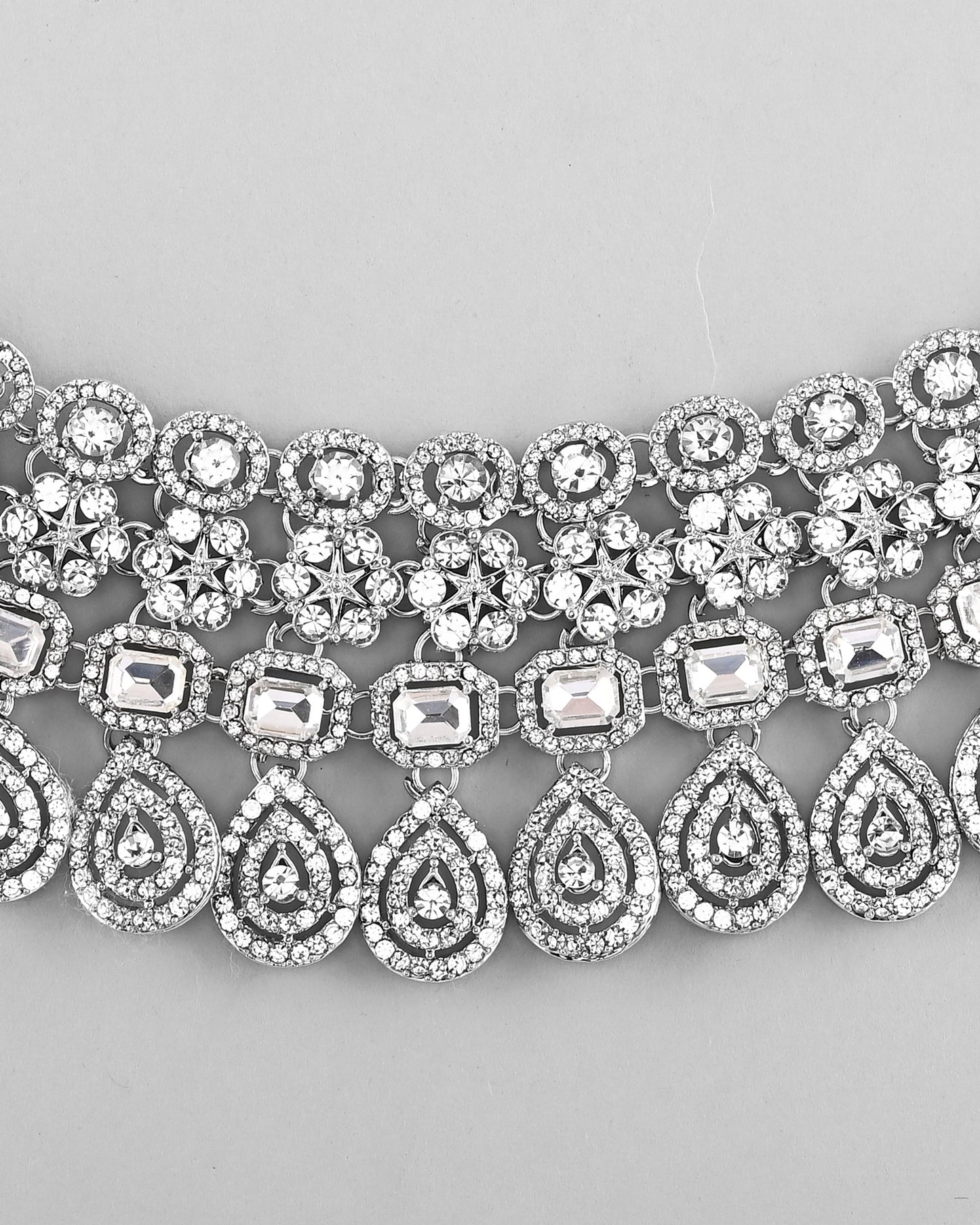 VOJ Silver Plated AD Studded Necklace With Earrings And Mangtikka Set - Swadesiicart