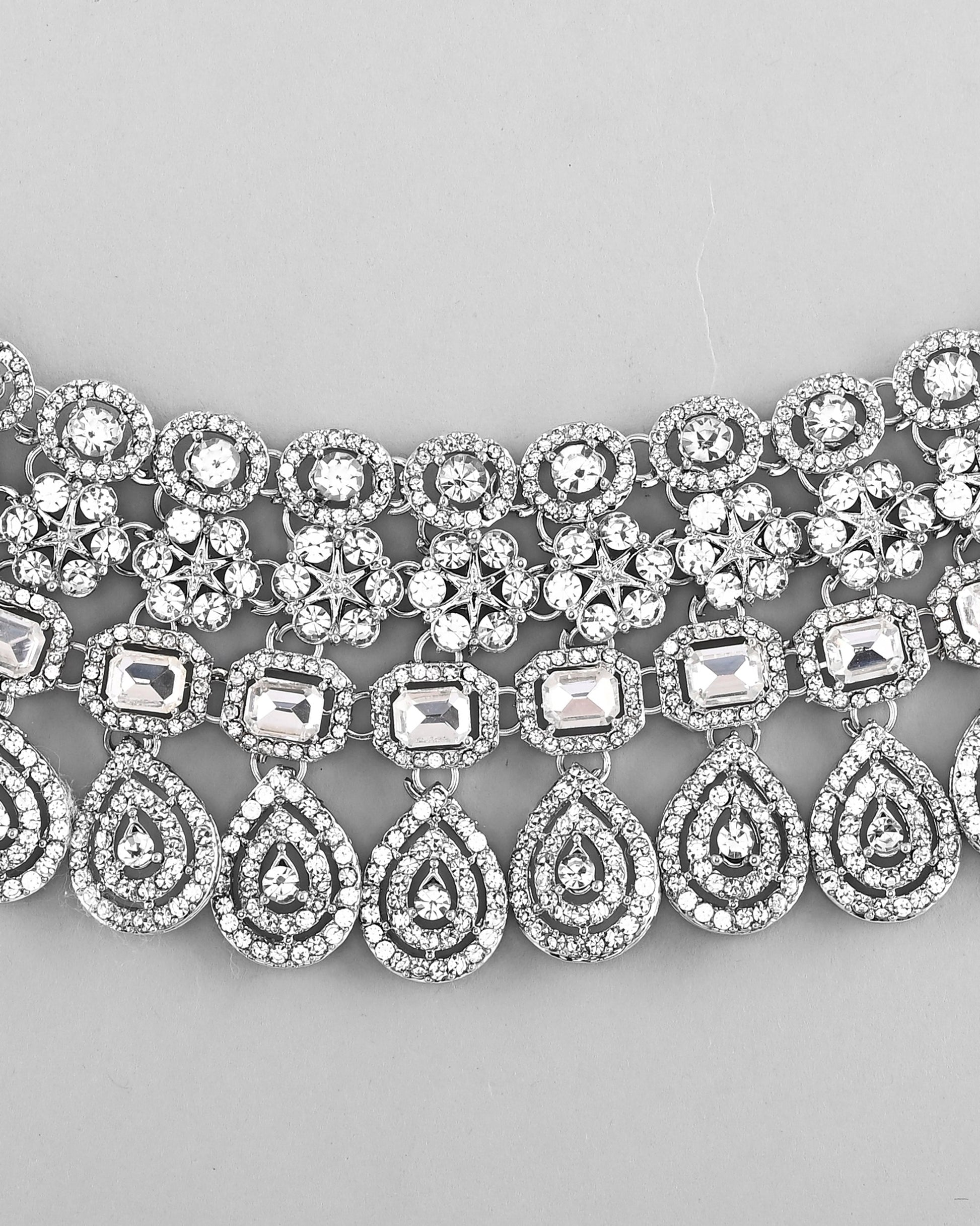 VOJ Silver Plated AD Studded Necklace With Earrings And Mangtikka Set - Swadesiicart