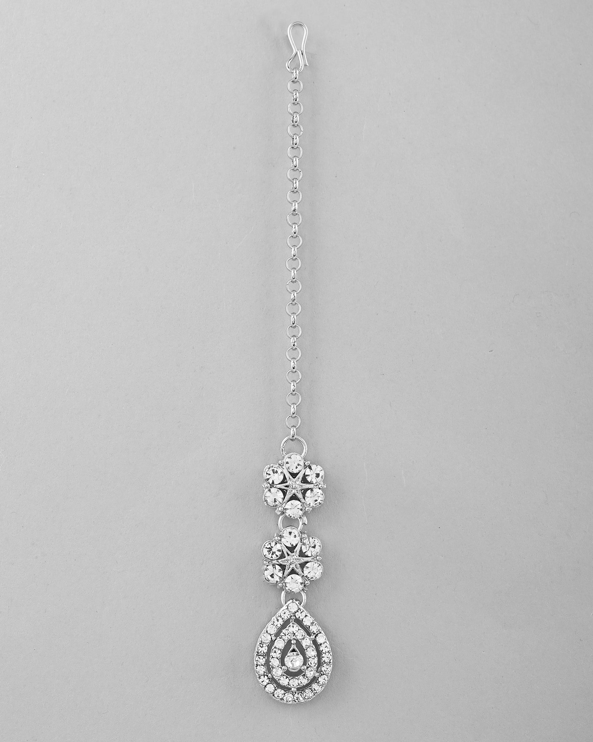 VOJ Silver Plated AD Studded Necklace With Earrings And Mangtikka Set - Swadesiicart