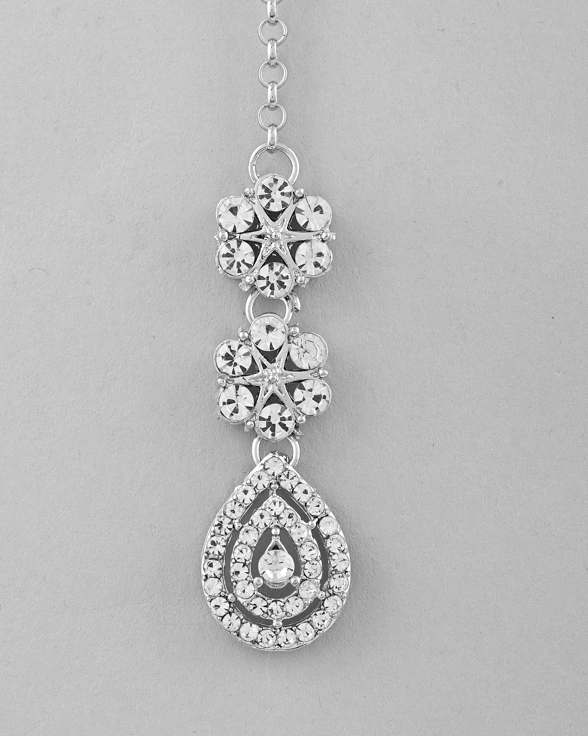 VOJ Silver Plated AD Studded Necklace With Earrings And Mangtikka Set - Swadesiicart