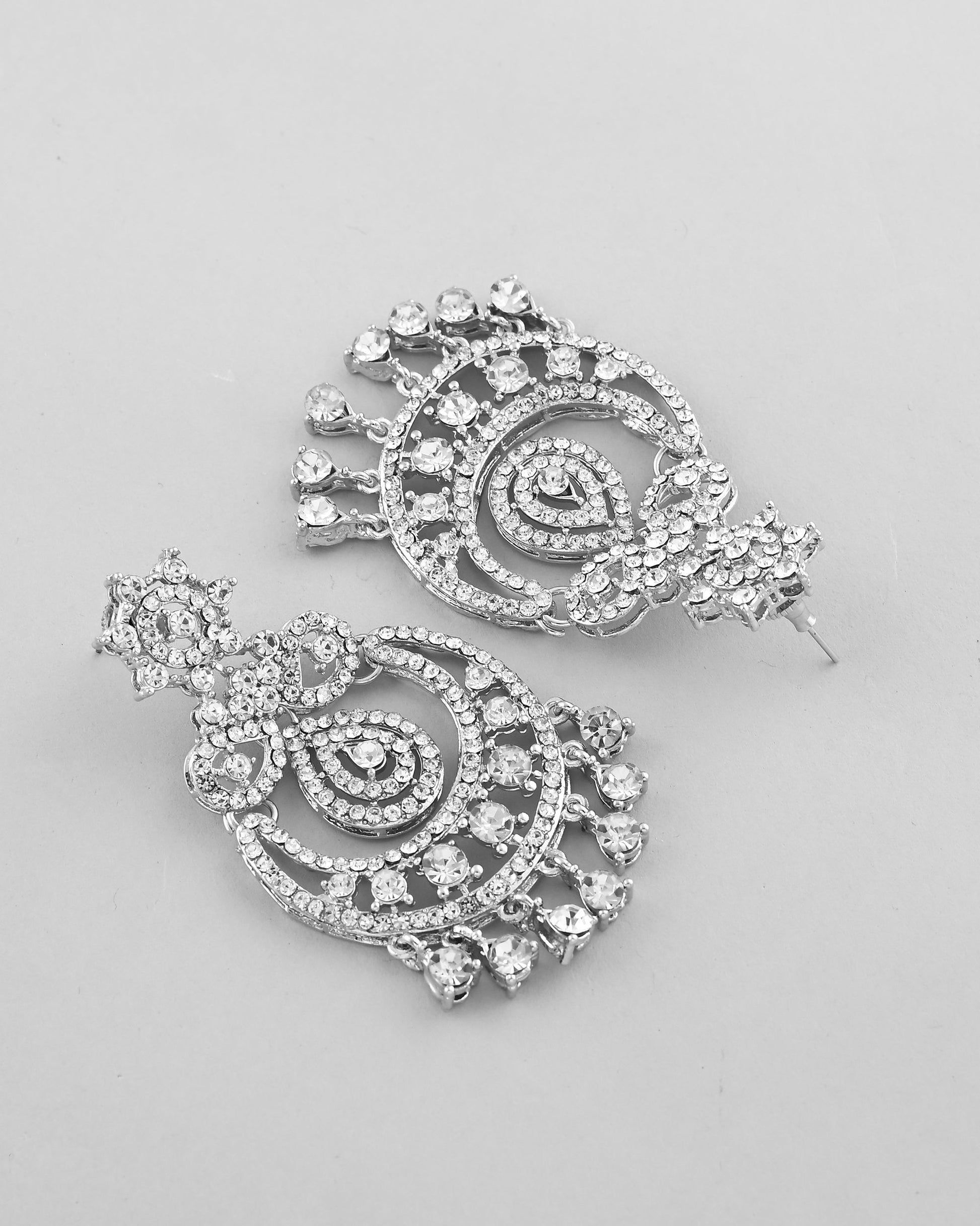 VOJ Silver Plated AD Studded Necklace With Earrings And Mangtikka Set - Swadesiicart