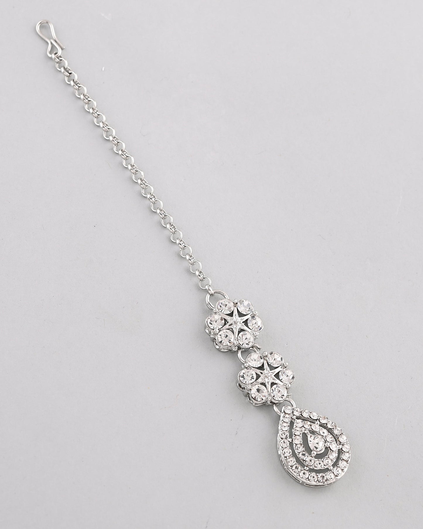 VOJ Silver Plated AD Studded Necklace With Earrings And Mangtikka Set - Swadesiicart
