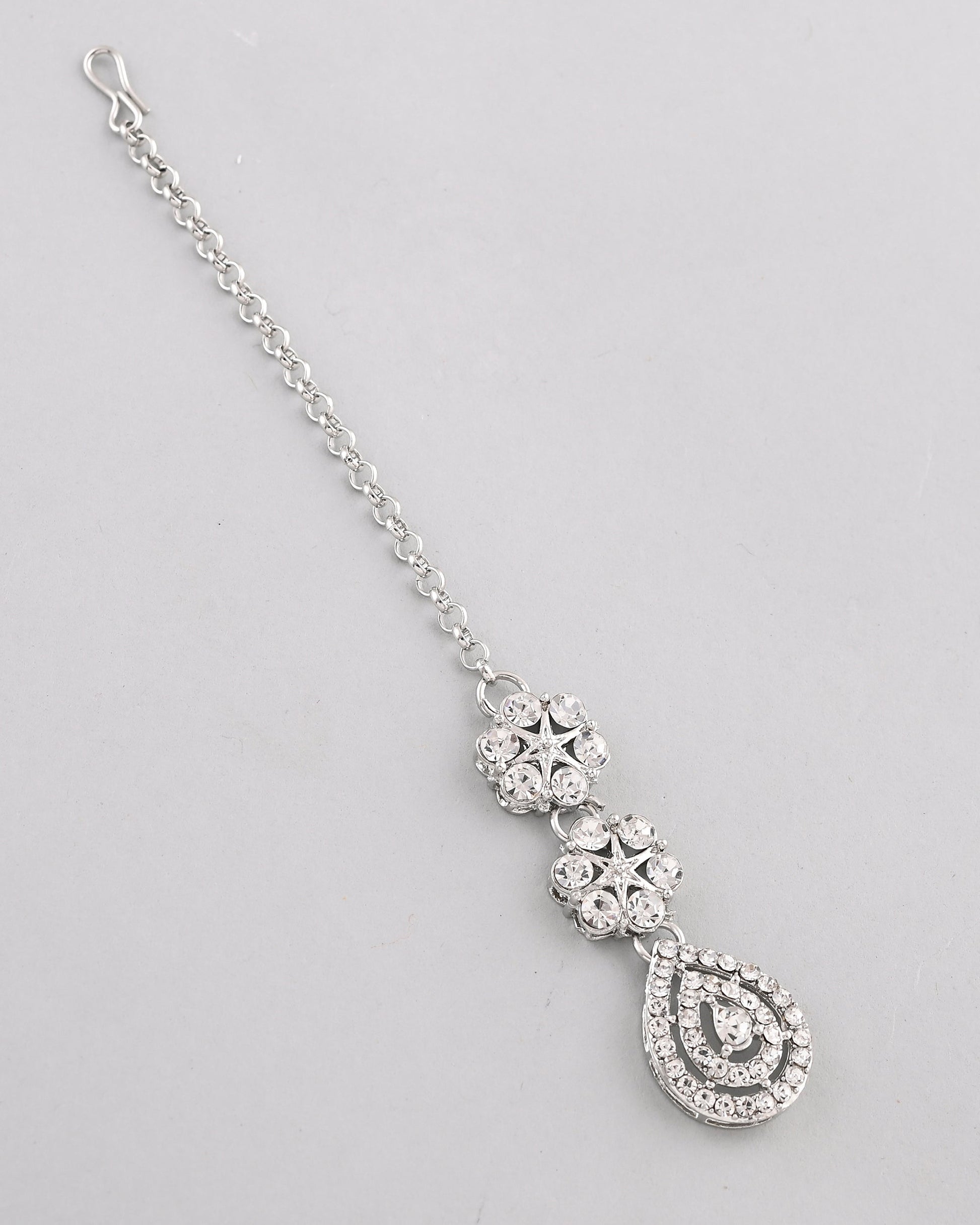 VOJ Silver Plated AD Studded Necklace With Earrings And Mangtikka Set - Swadesiicart