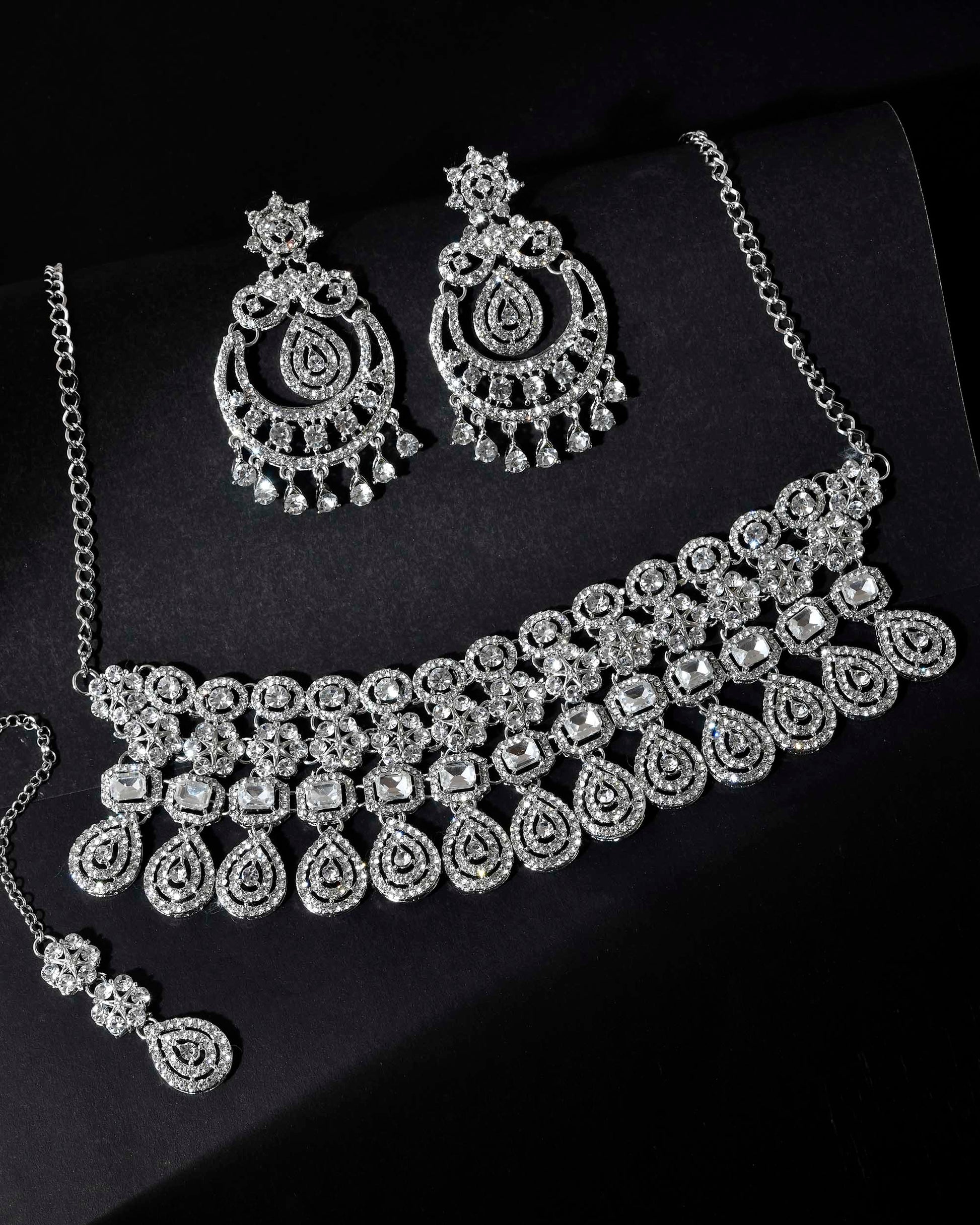 VOJ Silver Plated AD Studded Necklace With Earrings And Mangtikka Set - Swadesiicart