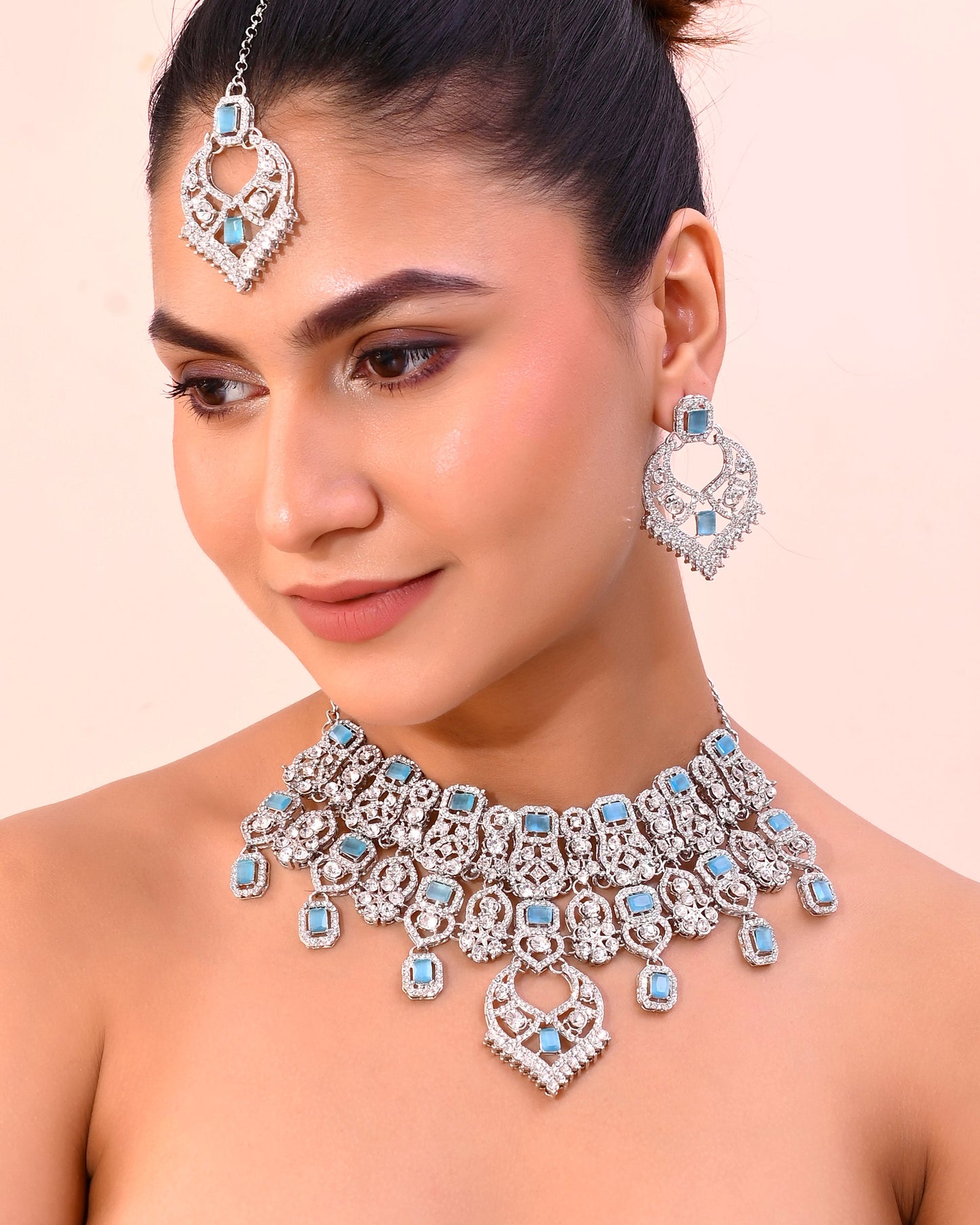 VOJ Silver Plated Designer AD Studded Necklace With Earrings And Mangtikka - Swadesiicart