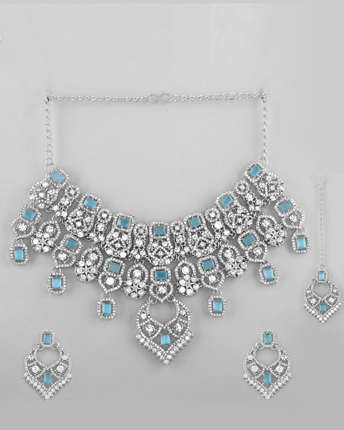 VOJ Silver Plated Designer AD Studded Necklace With Earrings And Mangtikka - Swadesiicart